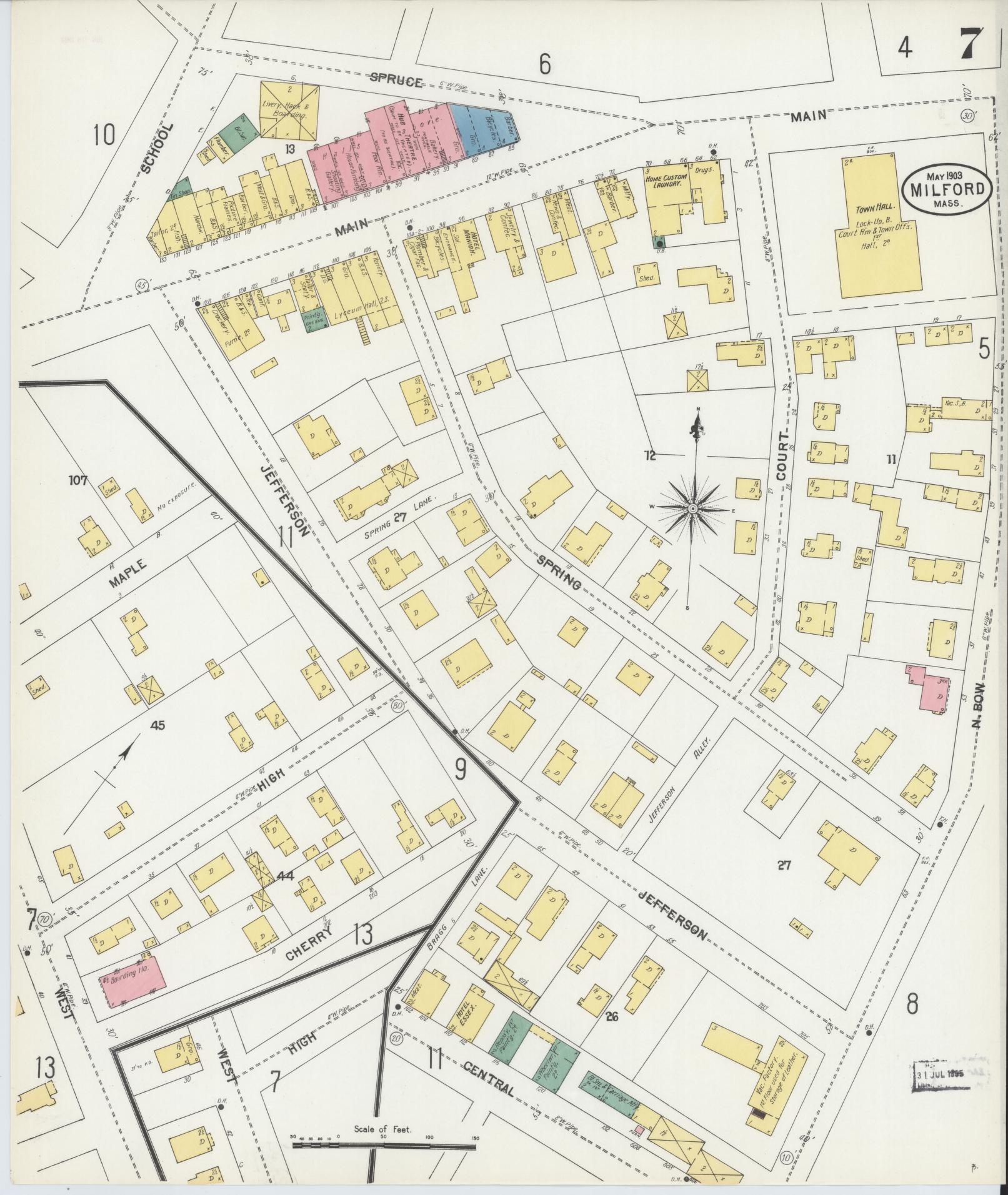 Sanborn Fire Insurance Map from Milford, Worcester County, Massachusetts (1903), Sheet #0007 - Historic Sanborn Fire Insurance Map Print, vintage old map wall art, antique decor, genealogy gift, Massachusetts Massachusetts map