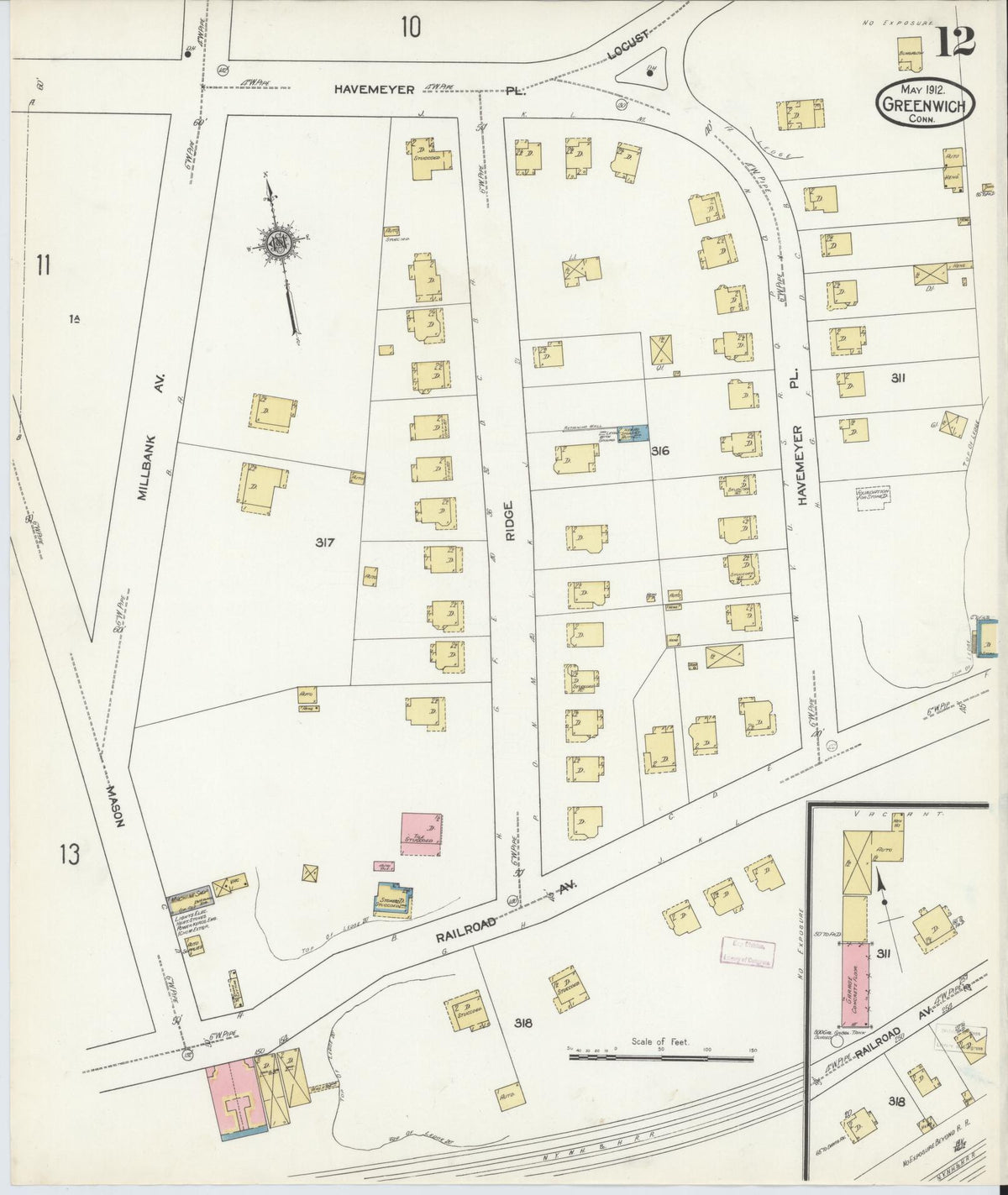 Sanborn Fire Insurance Map from Greenwich, Fairfield County, Connecticut (1912), Sheet #0012 - Historic Sanborn Fire Insurance Map Print, vintage old map wall art, antique decor, genealogy gift, Connecticut Connecticut map
