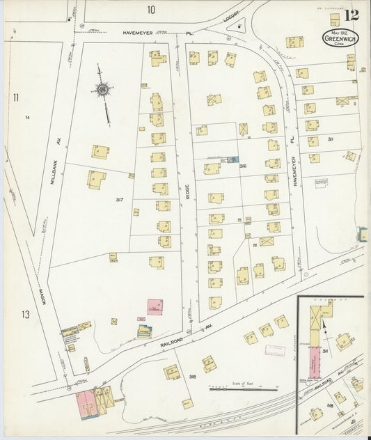 Sanborn Fire Insurance Map from Greenwich, Fairfield County, Connecticut (1912), Sheet #0012 - Historic Sanborn Fire Insurance Map Print, vintage old map wall art, antique decor, genealogy gift, Connecticut Connecticut map