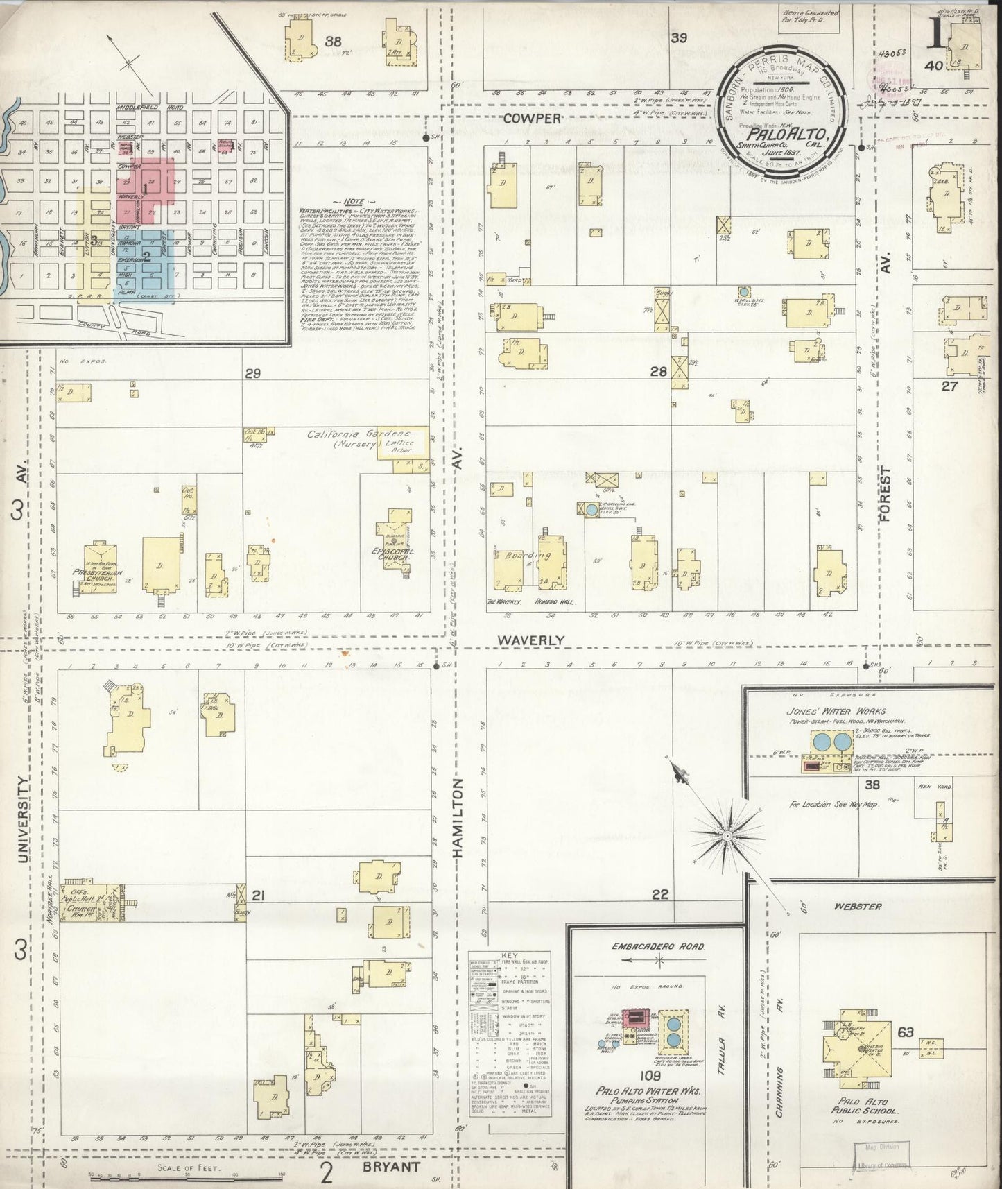 Sanborn Fire Insurance Map from Palo Alto, Santa Clara County, California (1897), Sheet #0001 - Complete Map Set gallery image, historic Sanborn map, vintage wall art, California California