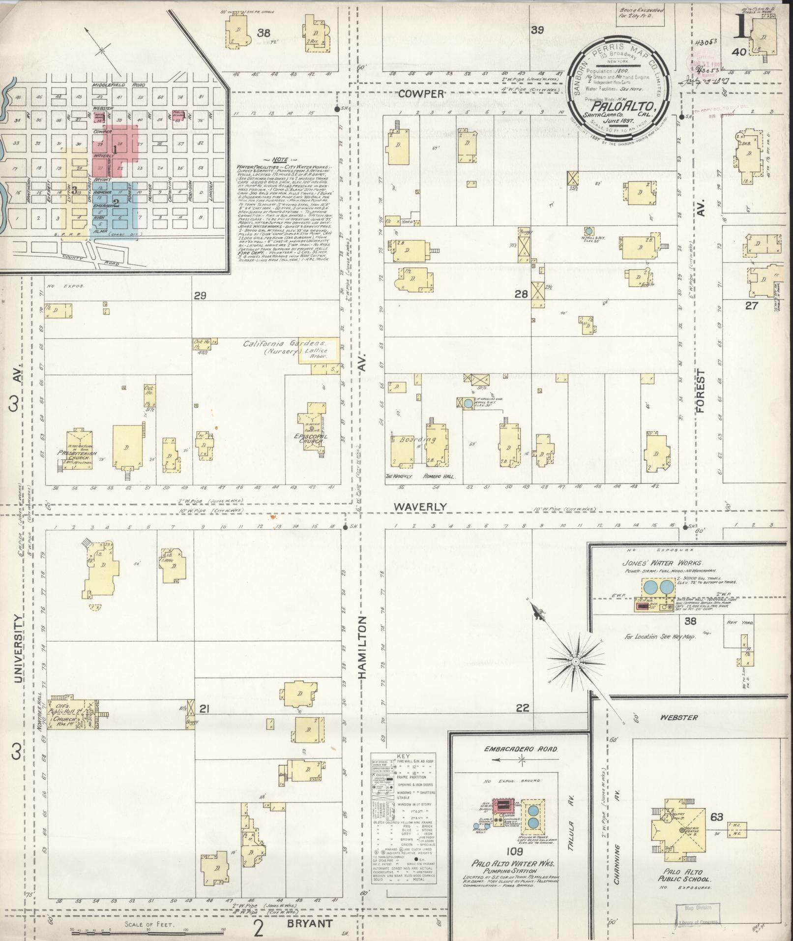 Sanborn Fire Insurance Map from Palo Alto, Santa Clara County, California (1897), Sheet #0001 - Complete Map Set gallery image, historic Sanborn map, vintage wall art, California California