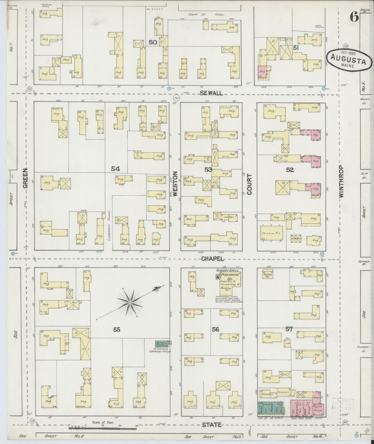Sanborn Fire Insurance Map from Augusta, Kennebec County, Maine (1889), Sheet #0006 - Historic Sanborn Fire Insurance Map Print, vintage old map wall art, antique decor, genealogy gift, Maine Maine map
