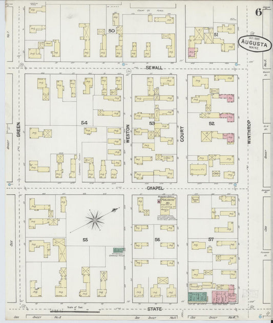 Sanborn Fire Insurance Map from Augusta, Kennebec County, Maine (1889), Sheet #0006 - Historic Sanborn Fire Insurance Map Print, vintage old map wall art, antique decor, genealogy gift, Maine Maine map