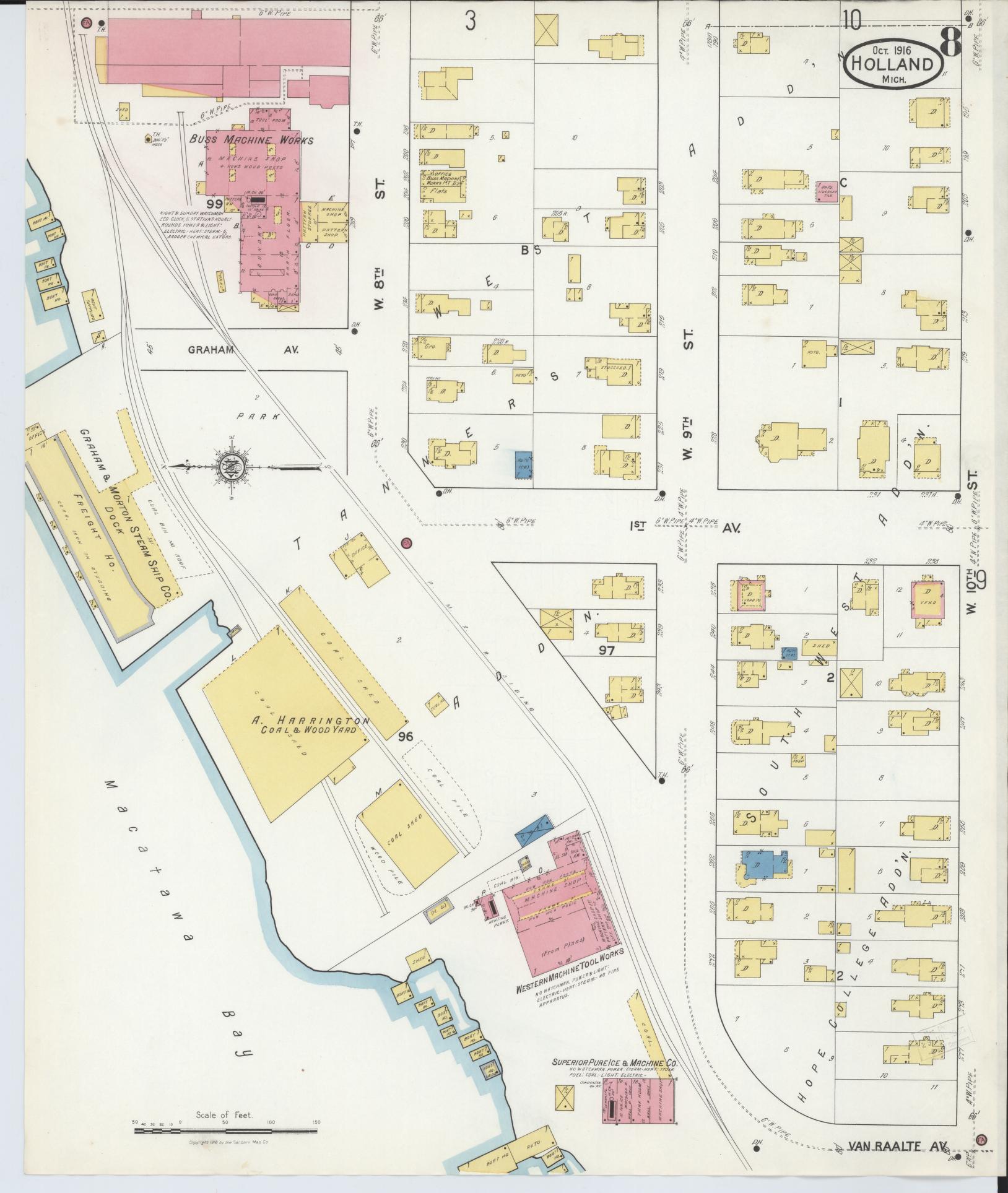 Sanborn Fire Insurance Map from Holland, Ottawa County, Michigan (1916), Sheet #0008 - Complete Map Set gallery image, historic Sanborn map, vintage wall art, Michigan Michigan