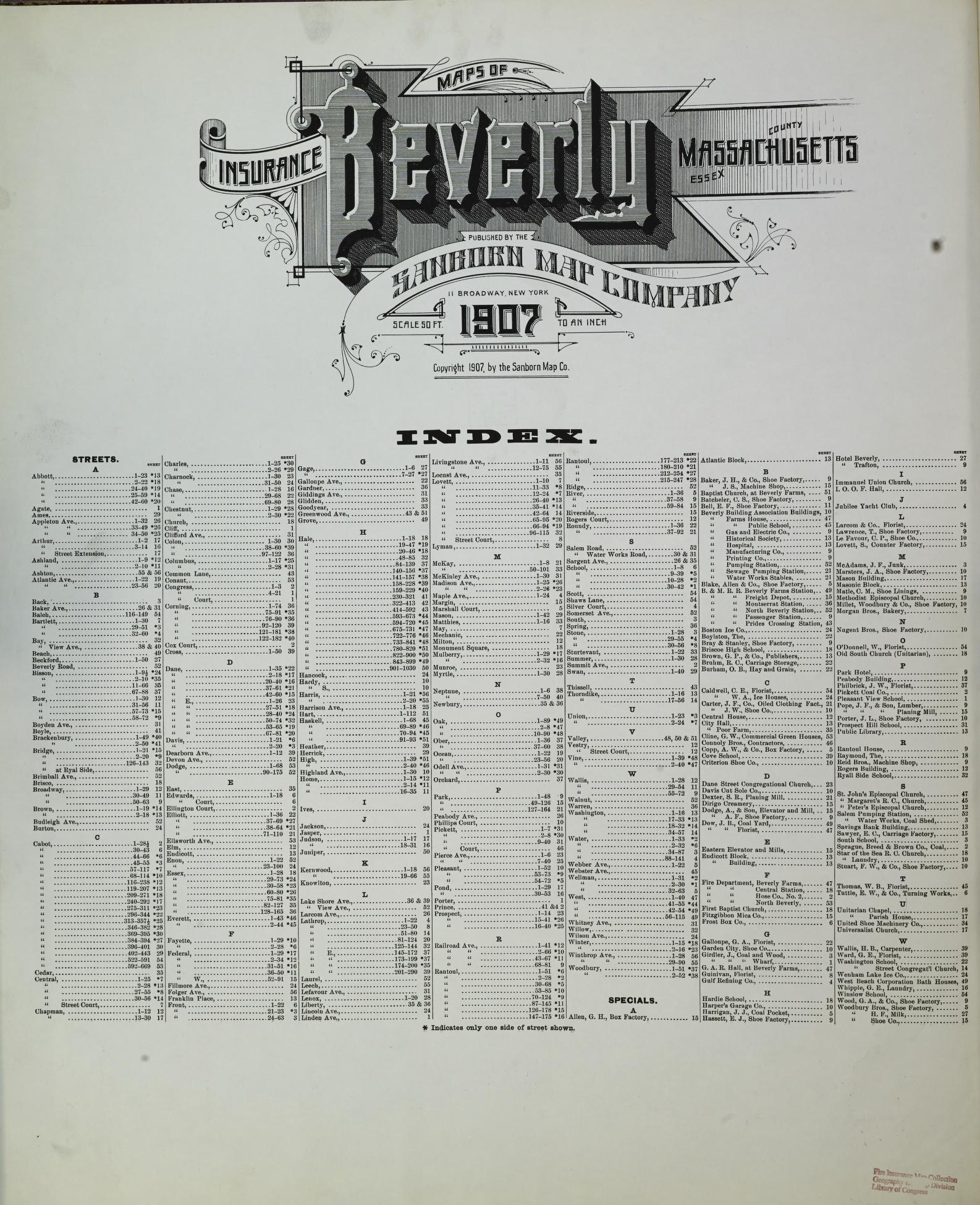 Sanborn Fire Insurance Map from Beverly, Essex County, Massachusetts (1907), Sheet #0001 - Historic Sanborn Fire Insurance Map Print, vintage old map wall art, antique decor, genealogy gift, Massachusetts Massachusetts map