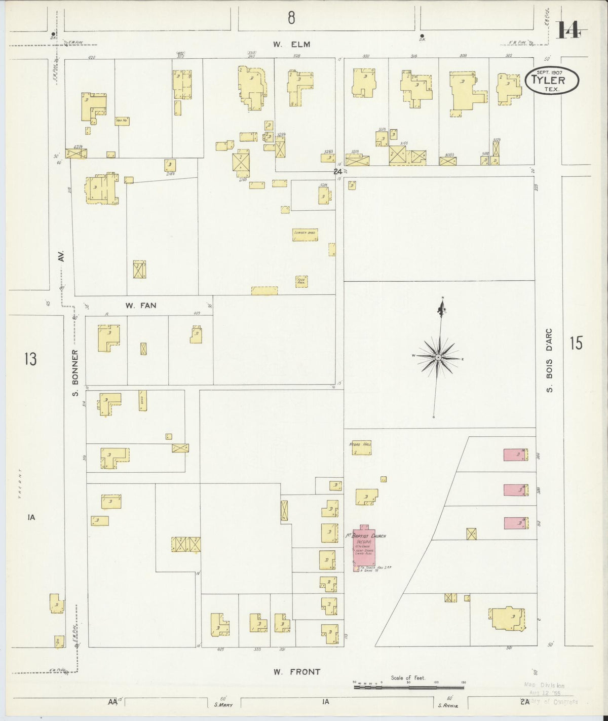 Sanborn Fire Insurance Map from Tyler, Smith County, Texas (1907), Sheet #0014 - Historic Sanborn Fire Insurance Map Print, vintage old map wall art, antique decor, genealogy gift, Texas Texas map