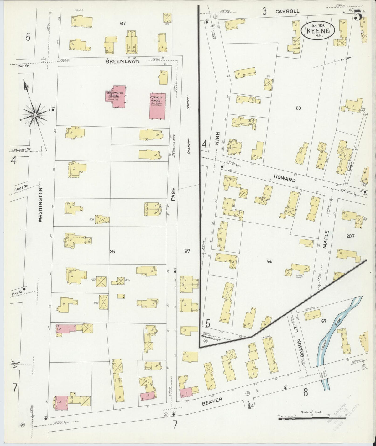 Sanborn Fire Insurance Map from Keene, Cheshire County, New Hampshire (1908), Sheet #0005 - Historic Sanborn Fire Insurance Map Print, vintage old map wall art, antique decor, genealogy gift, New Hampshire New Hampshire map