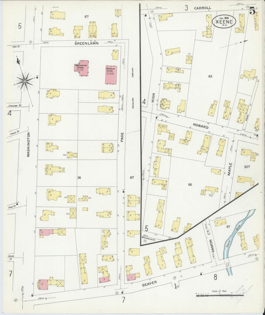Sanborn Fire Insurance Map from Keene, Cheshire County, New Hampshire (1908), Sheet #0005 - Historic Sanborn Fire Insurance Map Print, vintage old map wall art, antique decor, genealogy gift, New Hampshire New Hampshire map