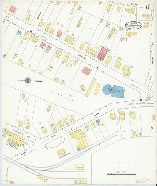 Sanborn Fire Insurance Map from Flemington, Hunterdon County, New Jersey (1910), Sheet #0006 - Historic Sanborn Fire Insurance Map Print, vintage old map wall art, antique decor, genealogy gift, New Jersey New Jersey map