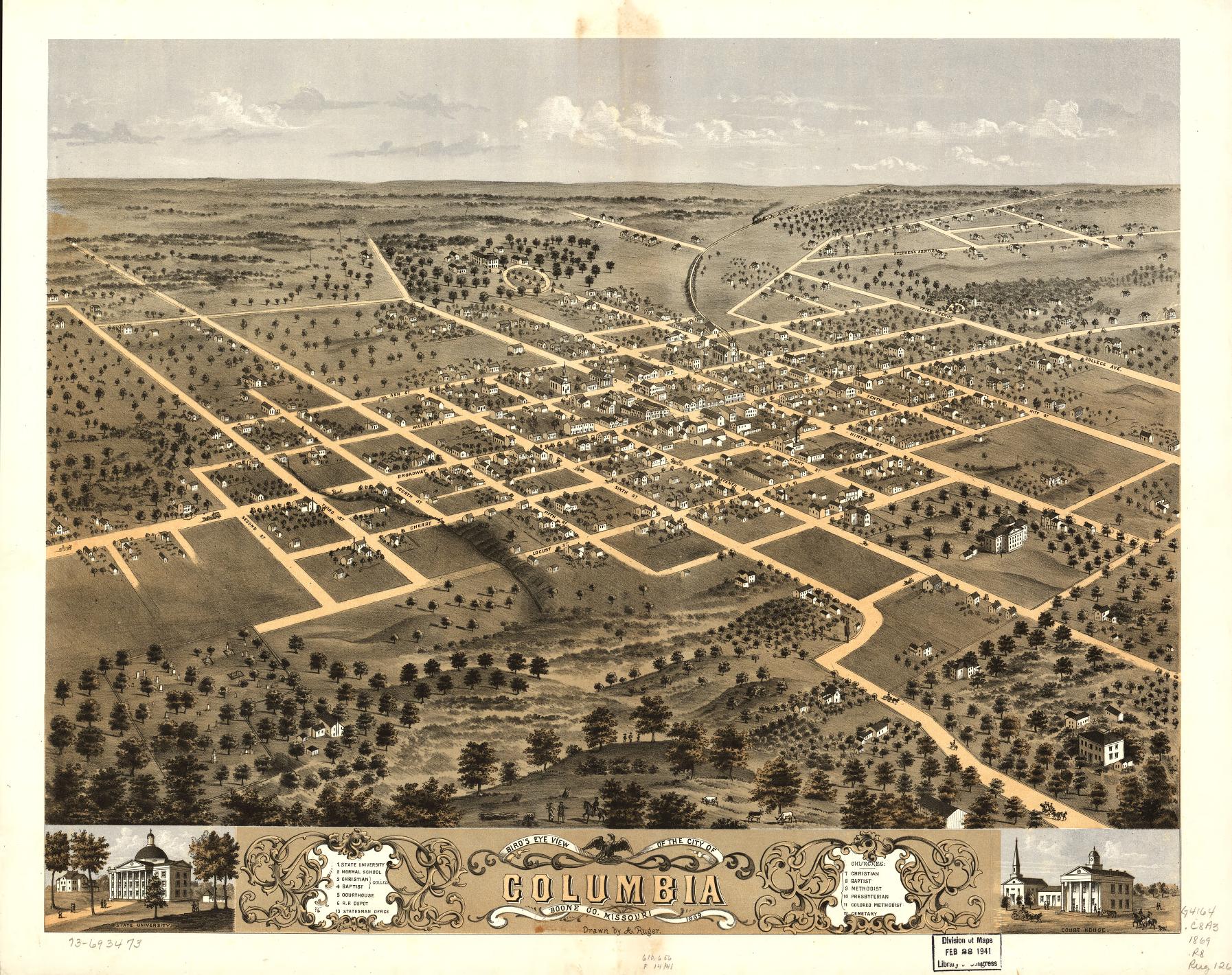 Bird's eye view of the city of Columbia, Boone Co., Missouri 1869. (1869) – Historic Bird’s-Eye View Panorama Print