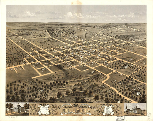 Bird's eye view of the city of Columbia, Boone Co., Missouri 1869. (1869) – Historic Bird’s-Eye View Panorama Print