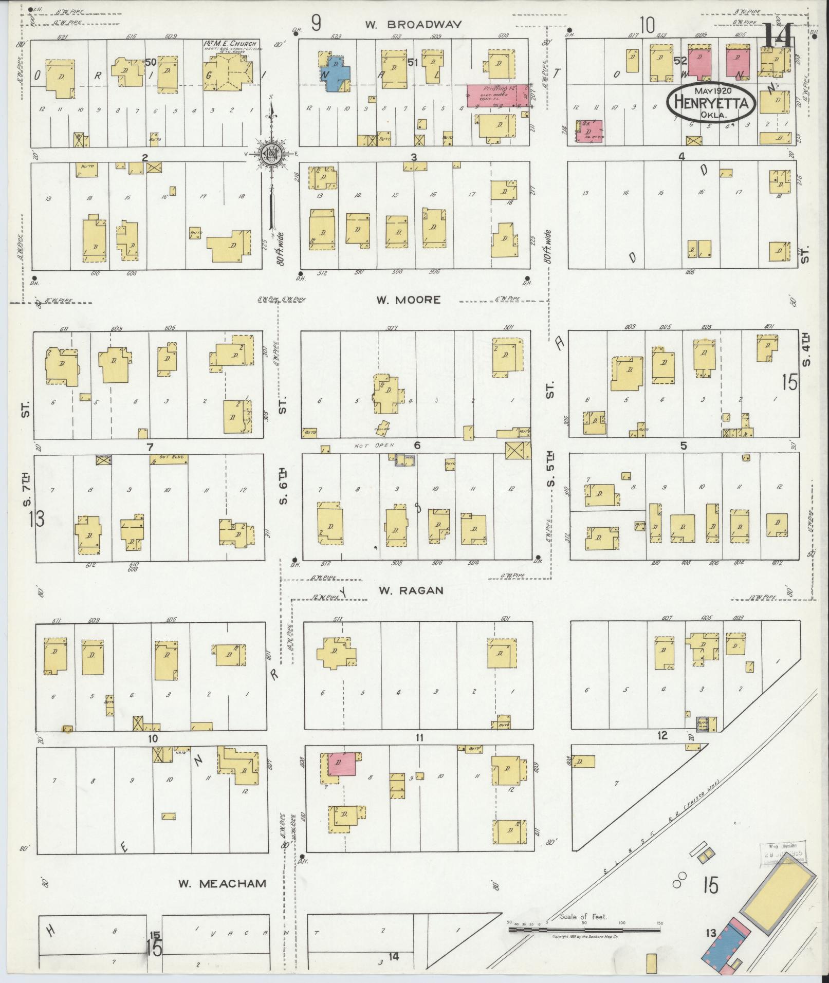 Sanborn Fire Insurance Map from Henryetta, Okmulgee County, Oklahoma (1920), Sheet #0014 - Historic Sanborn Fire Insurance Map Print, vintage old map wall art, antique decor, genealogy gift, Oklahoma Oklahoma map