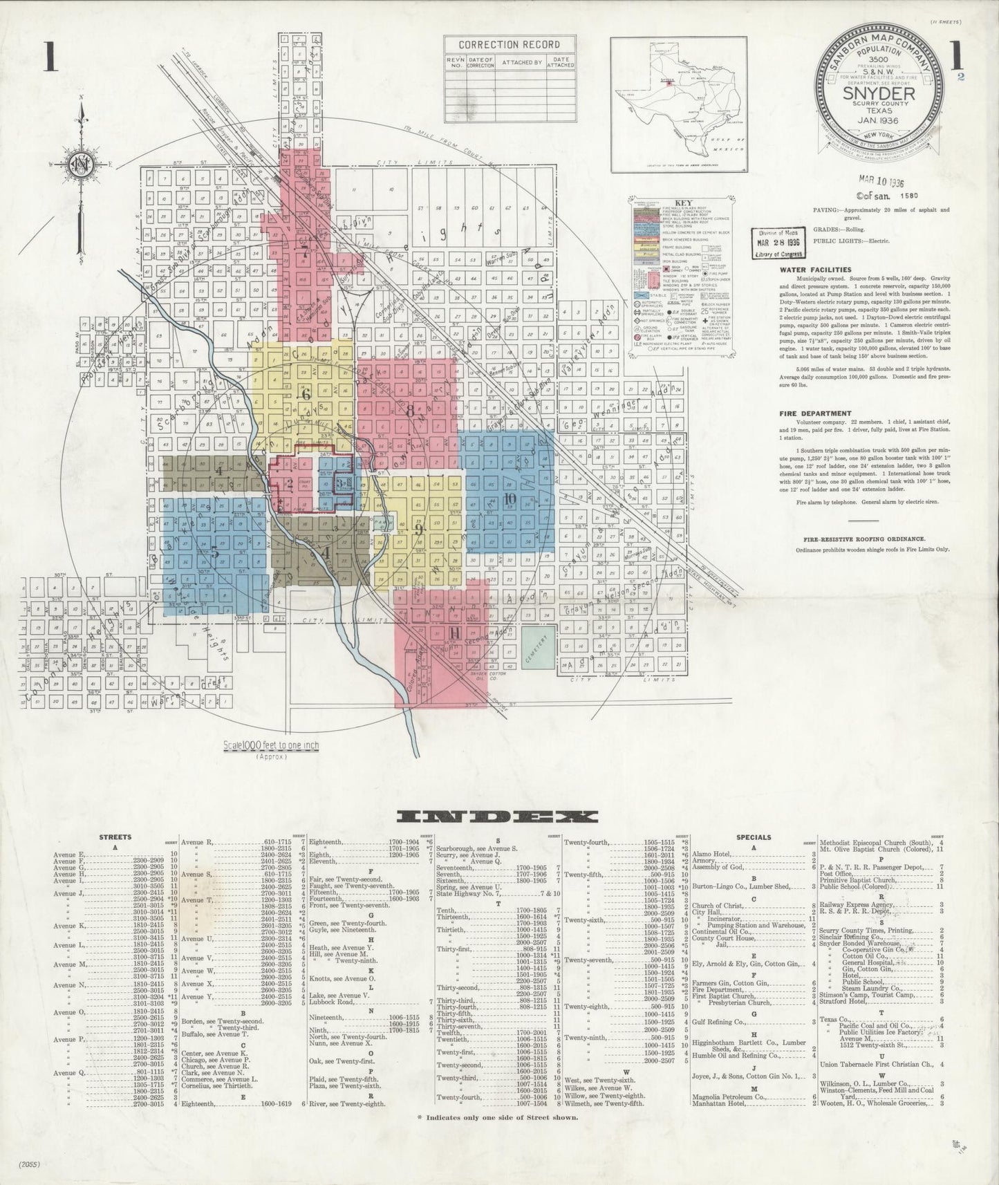 Sanborn Fire Insurance Map from Snyder, Scurry County, Texas. (1936) – Historic Sanborn Fire Insurance Map Print