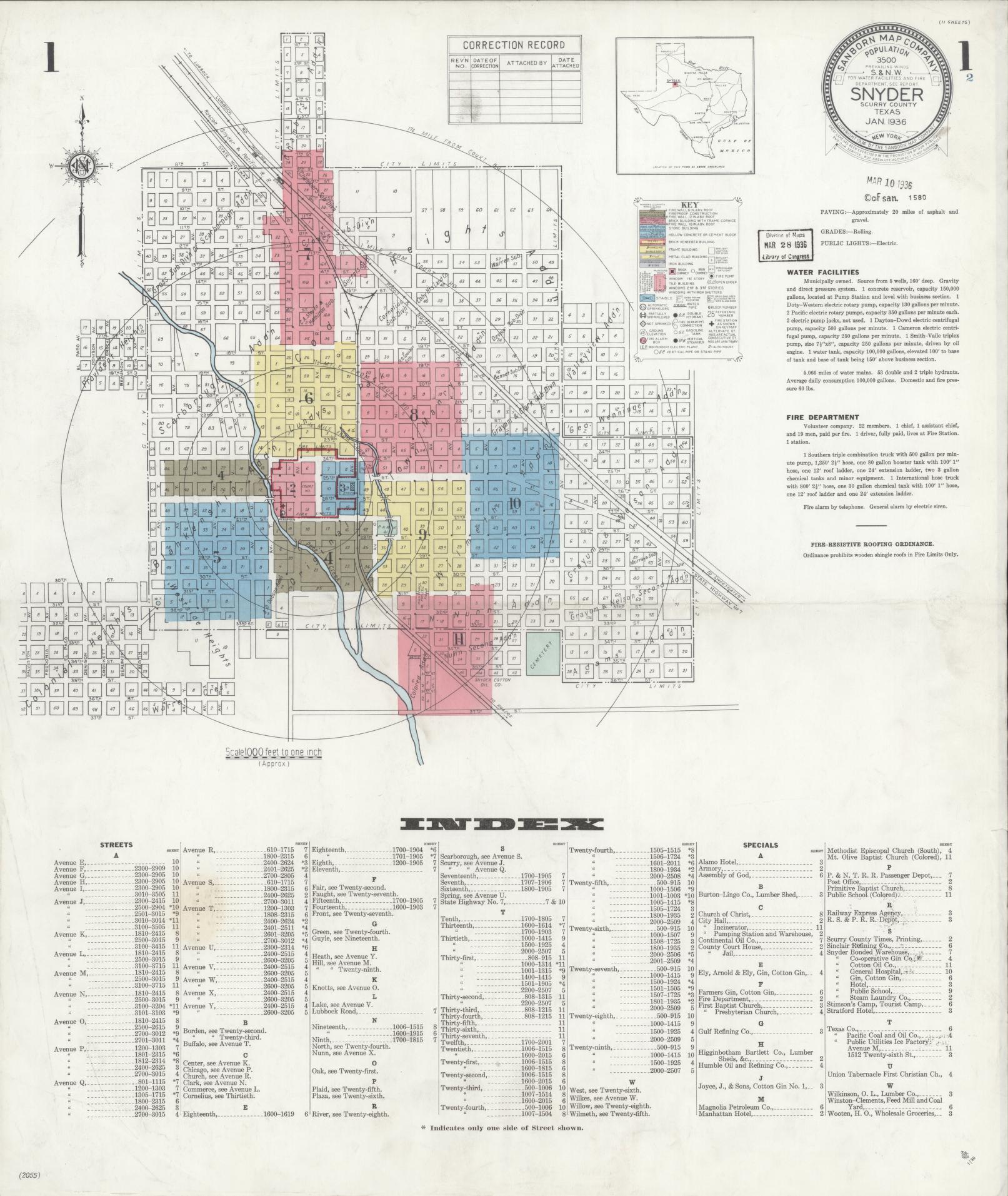 Sanborn Fire Insurance Map from Snyder, Scurry County, Texas. (1936) – Historic Sanborn Fire Insurance Map Print