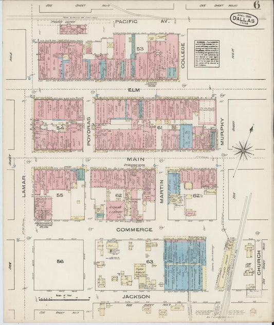 Sanborn Fire Insurance Map from Dallas, Dallas County, Texas (1885), Sheet #0006 - Historic Sanborn Fire Insurance Map Print, vintage old map wall art, antique decor, genealogy gift, Texas Texas map