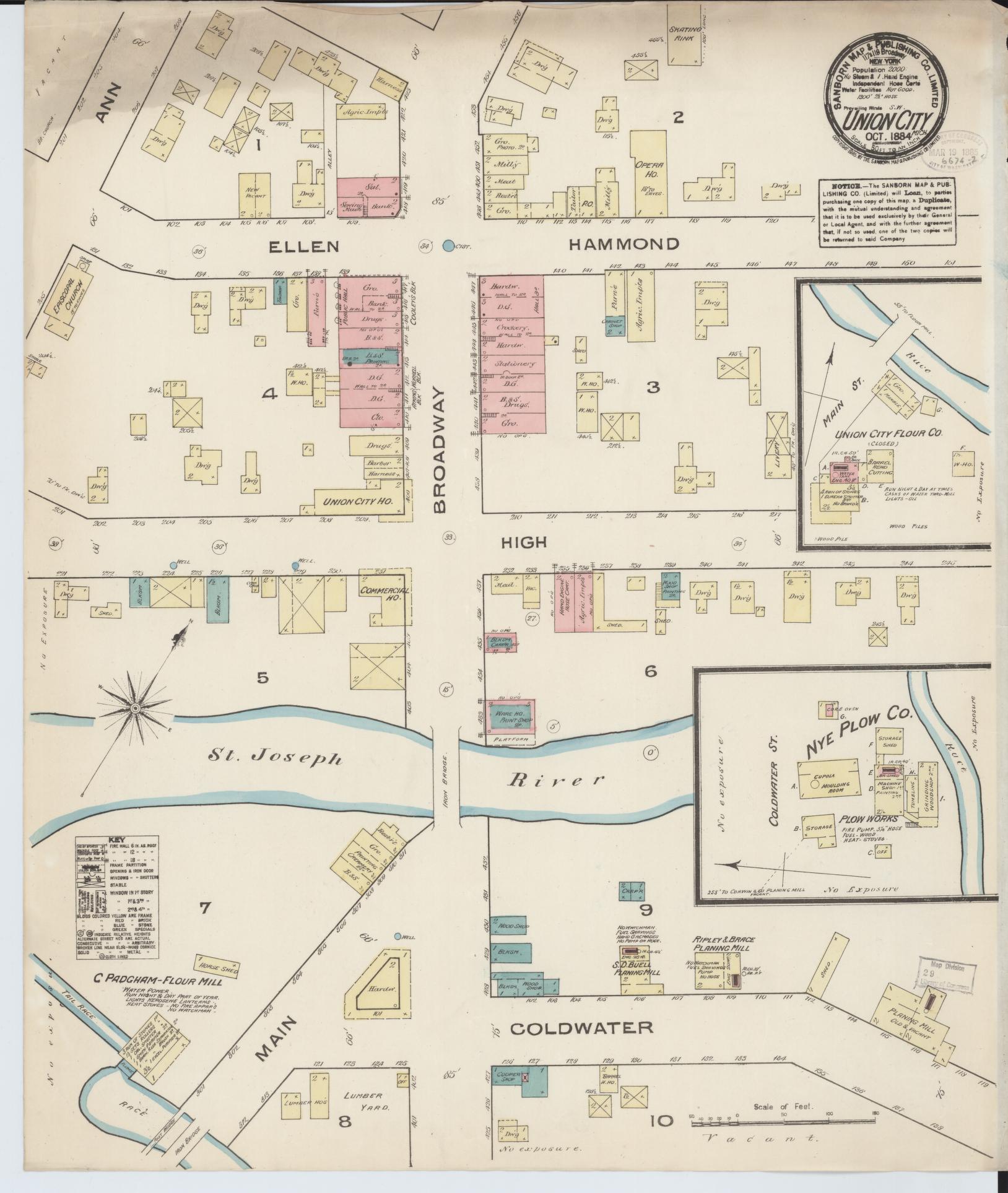 Sanborn Fire Insurance Map from Union City, Branch And Calhoun Counties, Michigan (1884), Sheet #0001 - Historic Sanborn Fire Insurance Map Print, vintage old map wall art, antique decor, genealogy gift, Michigan Michigan map