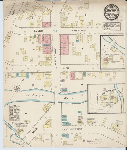 Sanborn Fire Insurance Map from Union City, Branch And Calhoun Counties, Michigan (1884), Sheet #0001 - Historic Sanborn Fire Insurance Map Print, vintage old map wall art, antique decor, genealogy gift, Michigan Michigan map