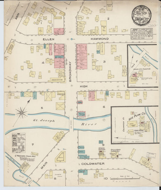 Sanborn Fire Insurance Map from Union City, Branch And Calhoun Counties, Michigan (1884), Sheet #0001 - Historic Sanborn Fire Insurance Map Print, vintage old map wall art, antique decor, genealogy gift, Michigan Michigan map