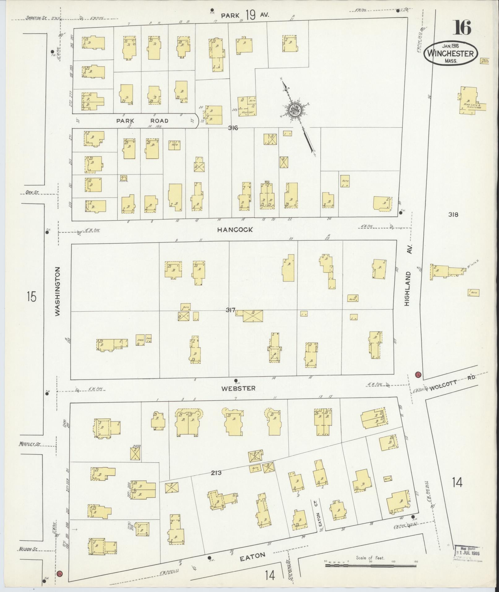 Sanborn Fire Insurance Map from Winchester, Middlesex County, Massachusetts (1916), Sheet #0016 - Historic Sanborn Fire Insurance Map Print, vintage old map wall art, antique decor, genealogy gift, Massachusetts Massachusetts map