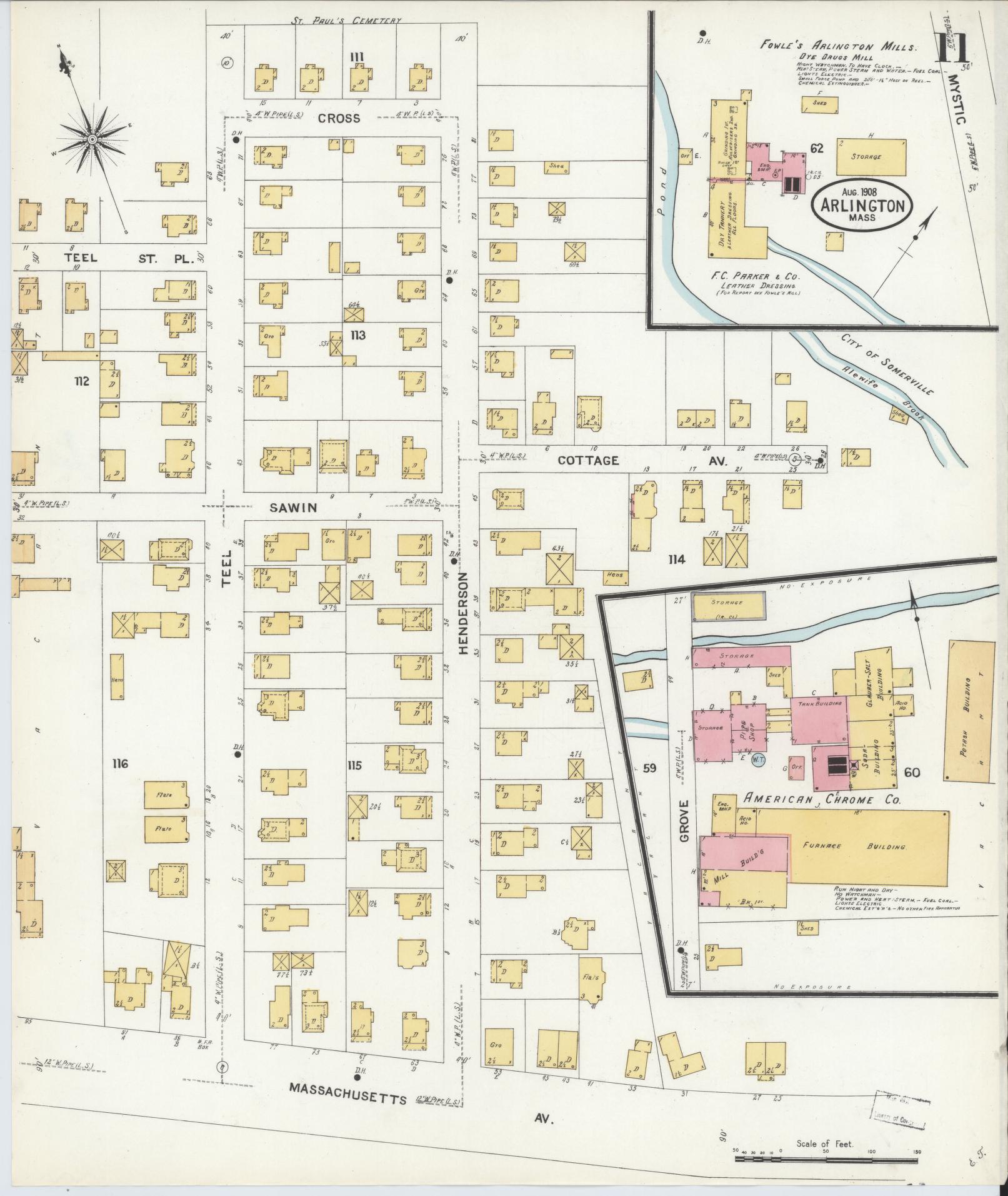 Sanborn Fire Insurance Map from Arlington, Middlesex County, Massachusetts (1908), Sheet #0011 - Historic Sanborn Fire Insurance Map Print, vintage old map wall art, antique decor, genealogy gift, Massachusetts Massachusetts map