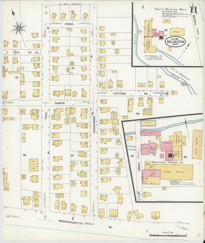 Sanborn Fire Insurance Map from Arlington, Middlesex County, Massachusetts (1908), Sheet #0011 - Historic Sanborn Fire Insurance Map Print, vintage old map wall art, antique decor, genealogy gift, Massachusetts Massachusetts map