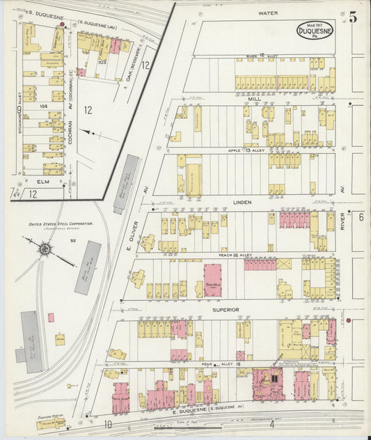 Sanborn Fire Insurance Map from Duquesne, Allegheny County, Pennsylvania (1917), Sheet #0005 - Historic Sanborn Fire Insurance Map Print, vintage old map wall art, antique decor, genealogy gift, Pennsylvania Pennsylvania map
