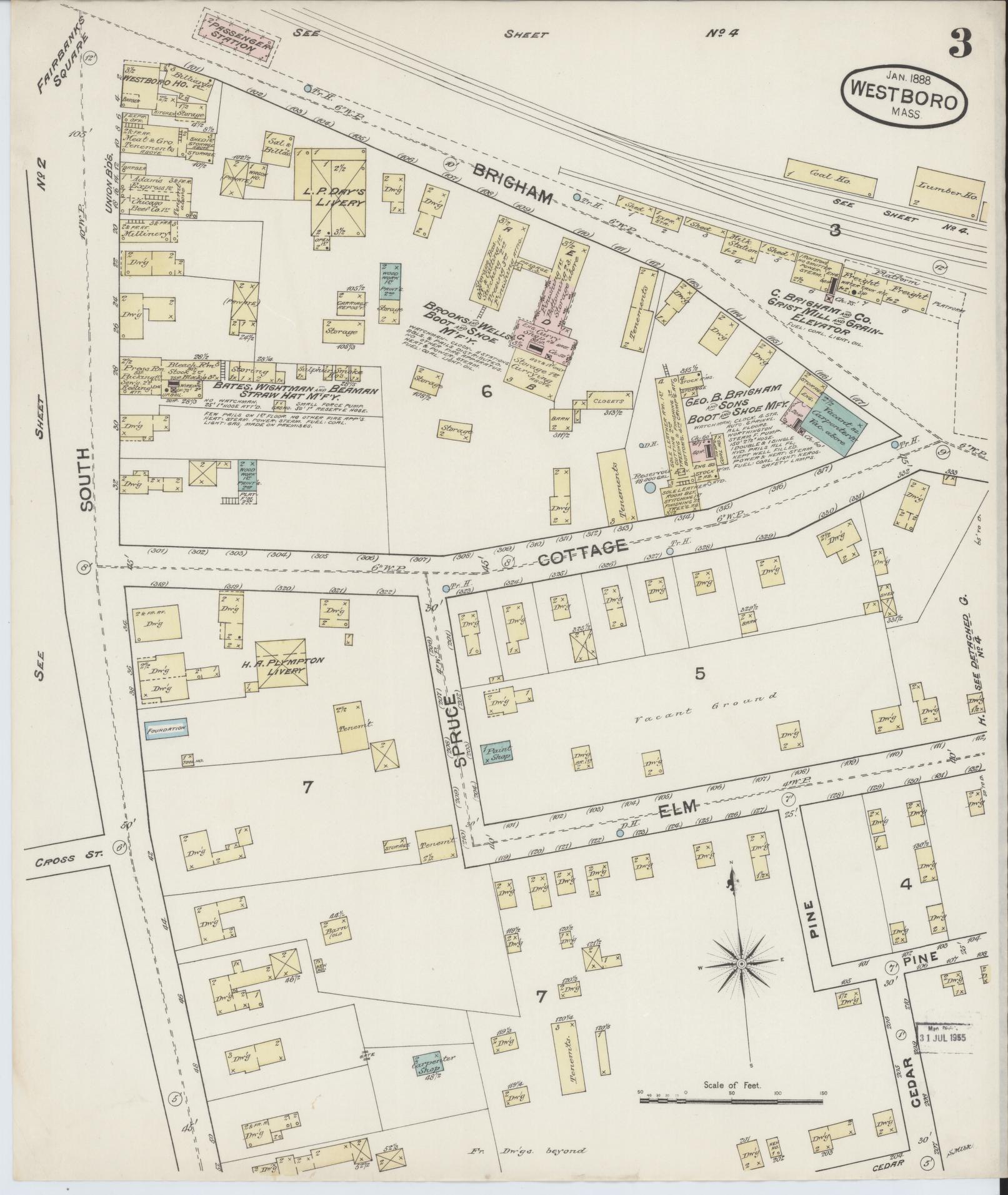 Sanborn Fire Insurance Map from Westboro, Worcester County, Massachusetts (1888), Sheet #0003 - Historic Sanborn Fire Insurance Map Print, vintage old map wall art, antique decor, genealogy gift, Massachusetts Massachusetts map