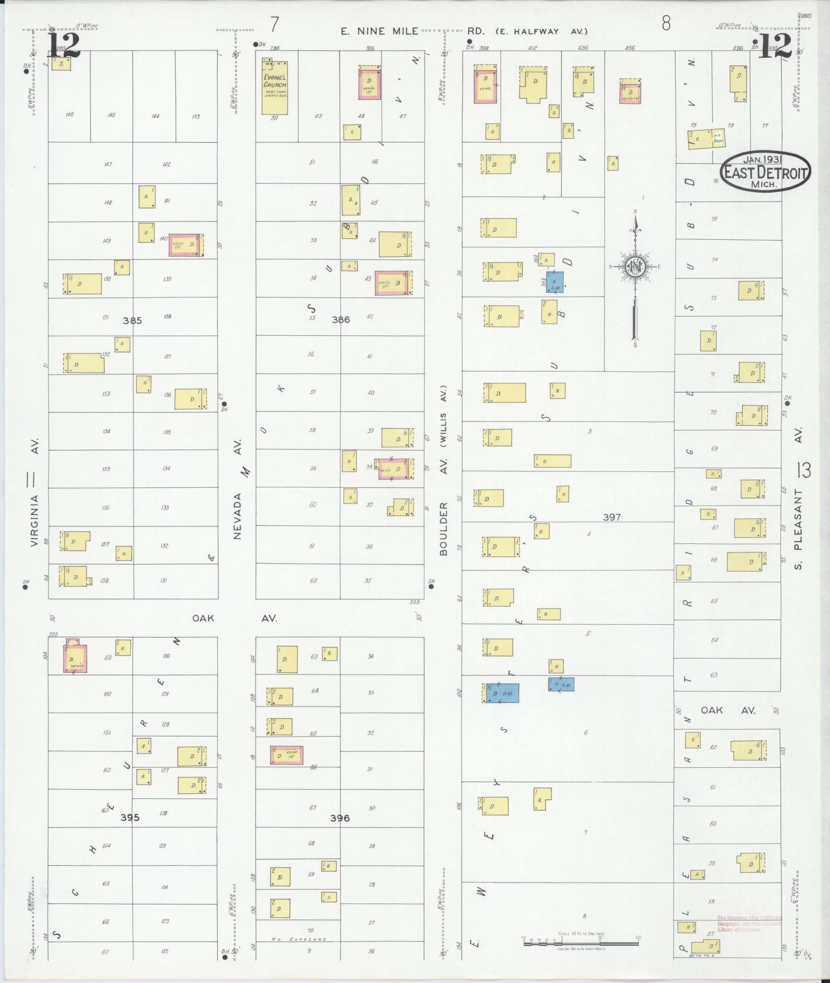 Sanborn Fire Insurance Map from East Detroit, Macomb County, Michigan (1931), Sheet #0012 - Complete Map Set gallery image, historic Sanborn map, vintage wall art, Michigan Michigan