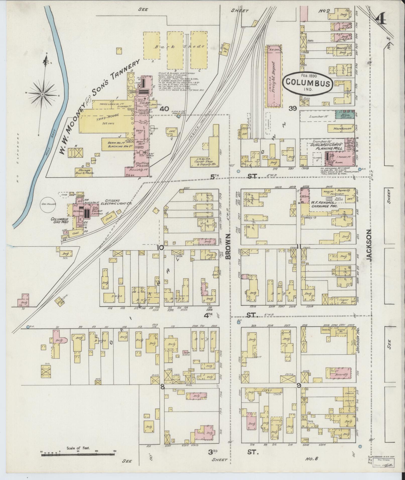 Sanborn Fire Insurance Map from Columbus, Bartholomew County, Indiana (1890), Sheet #0004 - Historic Sanborn Fire Insurance Map Print, vintage old map wall art, antique decor, genealogy gift, Indiana Indiana map