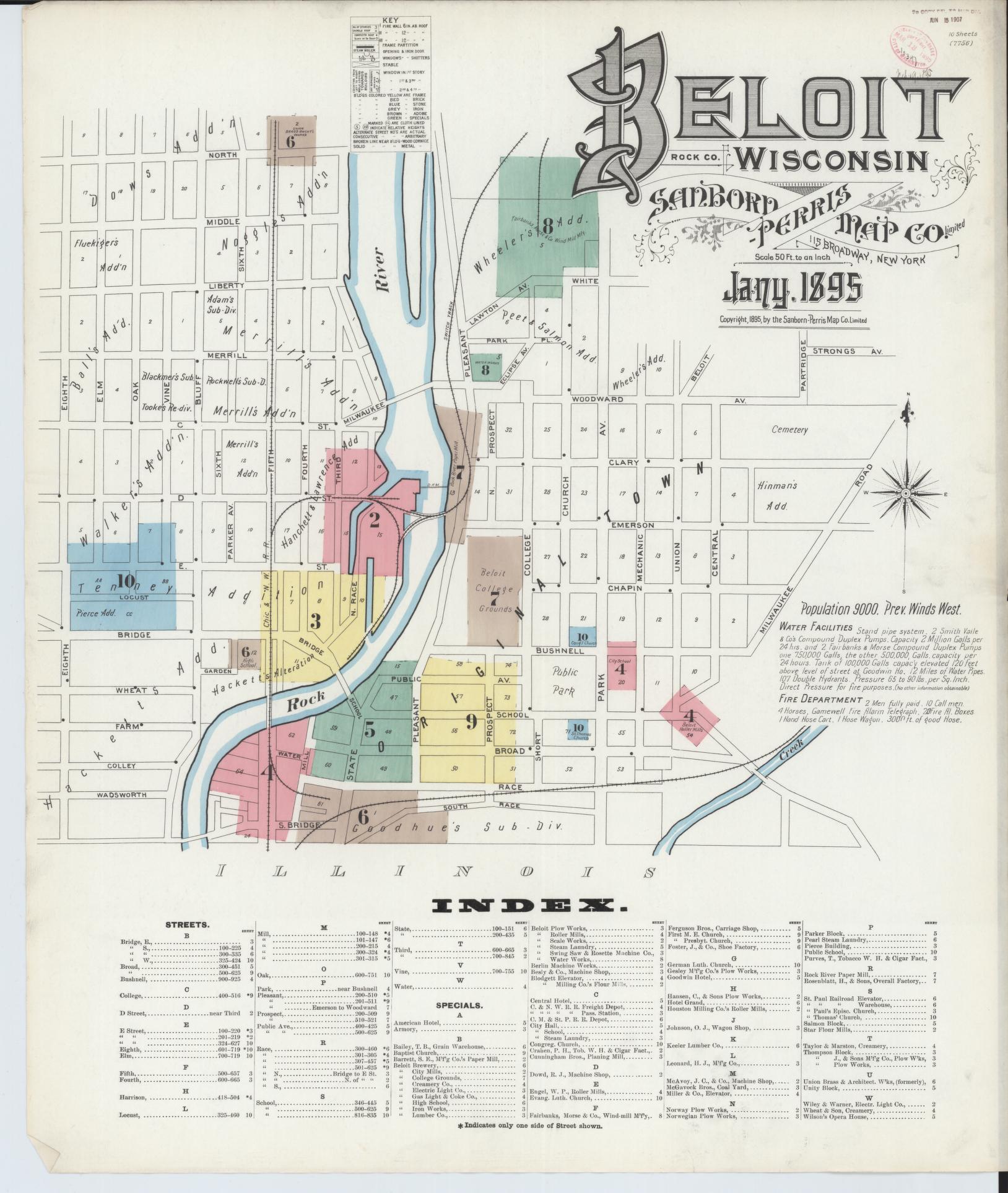 Sanborn Fire Insurance Map from Beloit, Rock County, Wisconsin (1895), Sheet #0001 - Historic Sanborn Fire Insurance Map Print, vintage old map wall art, antique decor, genealogy gift, Wisconsin Wisconsin map