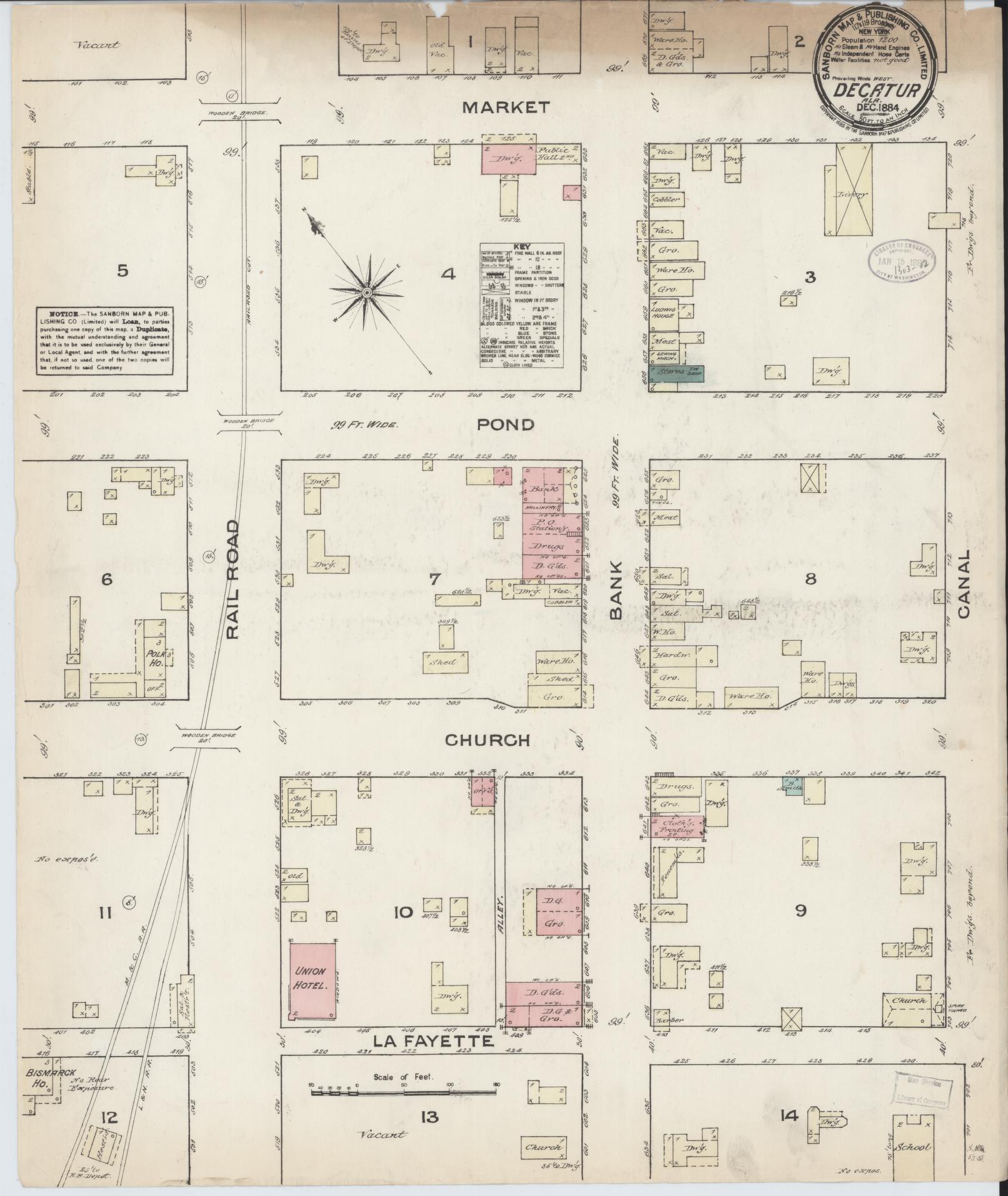 Sanborn Fire Insurance Map from Decatur, Morgan County, Alabama (1884), Sheet #0001 - Historic Sanborn Fire Insurance Map Print, vintage old map wall art, antique decor, genealogy gift, Alabama Alabama map