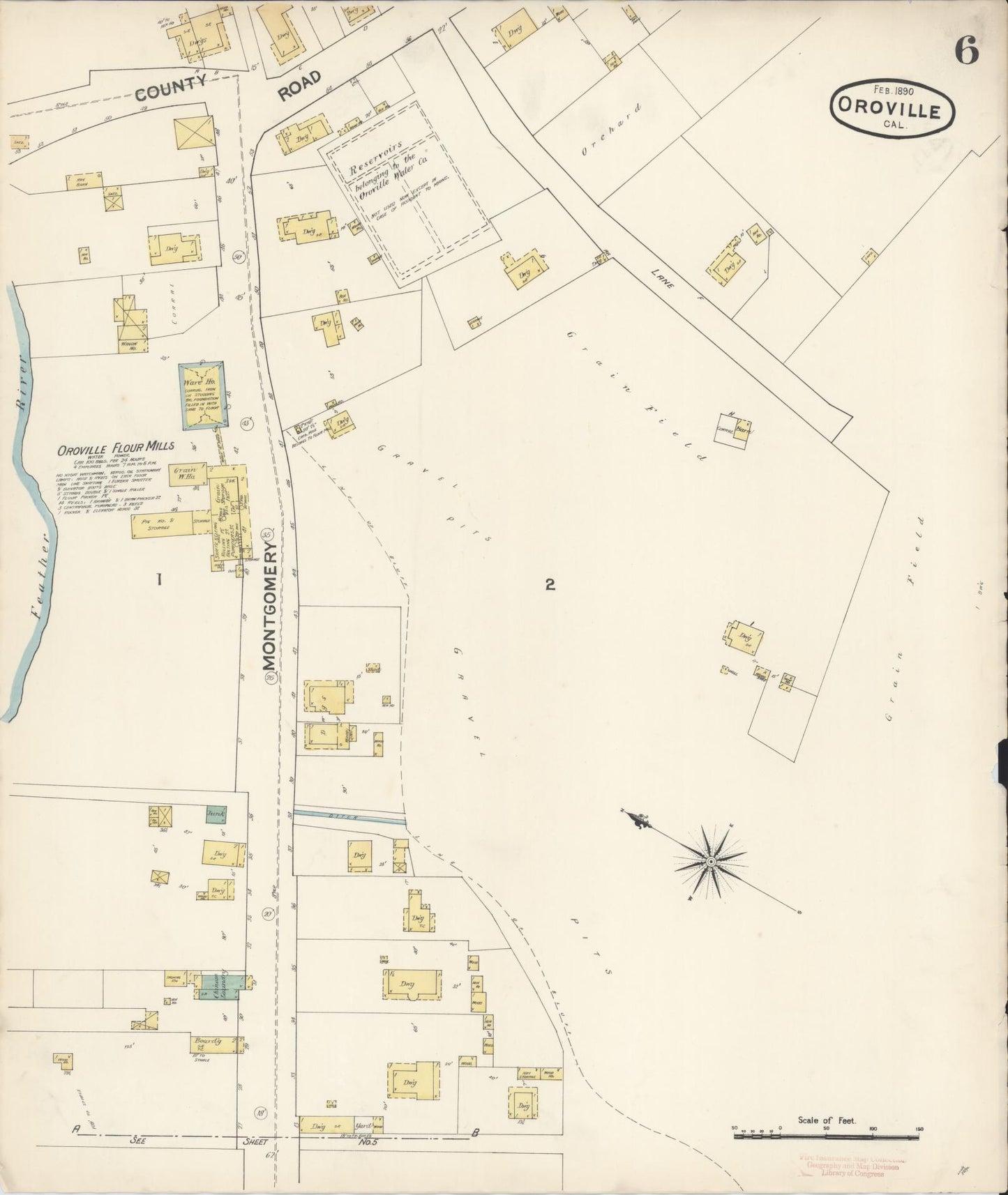 Sanborn Fire Insurance Map from Oroville, Butte County, California (1890), Sheet #0006 - Complete Map Set gallery image, historic Sanborn map, vintage wall art, California California