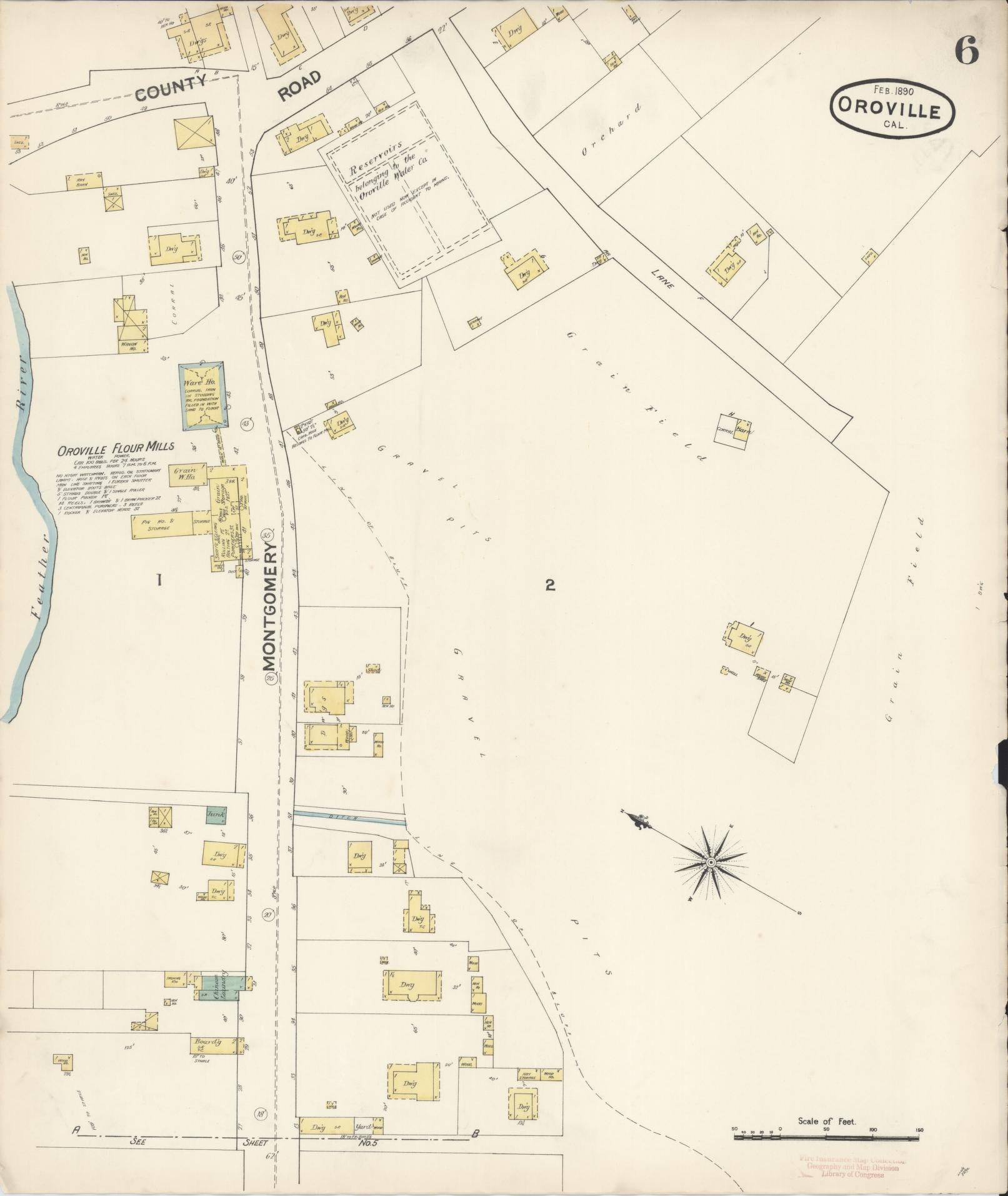 Sanborn Fire Insurance Map from Oroville, Butte County, California (1890), Sheet #0006 - Complete Map Set gallery image, historic Sanborn map, vintage wall art, California California