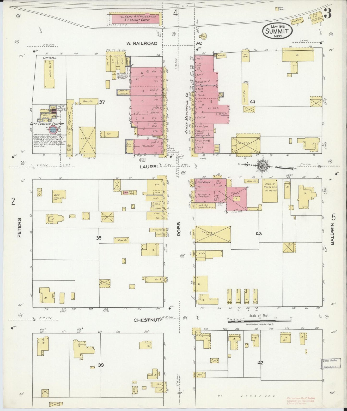 Sanborn Fire Insurance Map from Summit, Pike County, Mississippi (1918), Sheet #0003 - Complete Map Set gallery image, historic Sanborn map, vintage wall art, Mississippi Mississippi