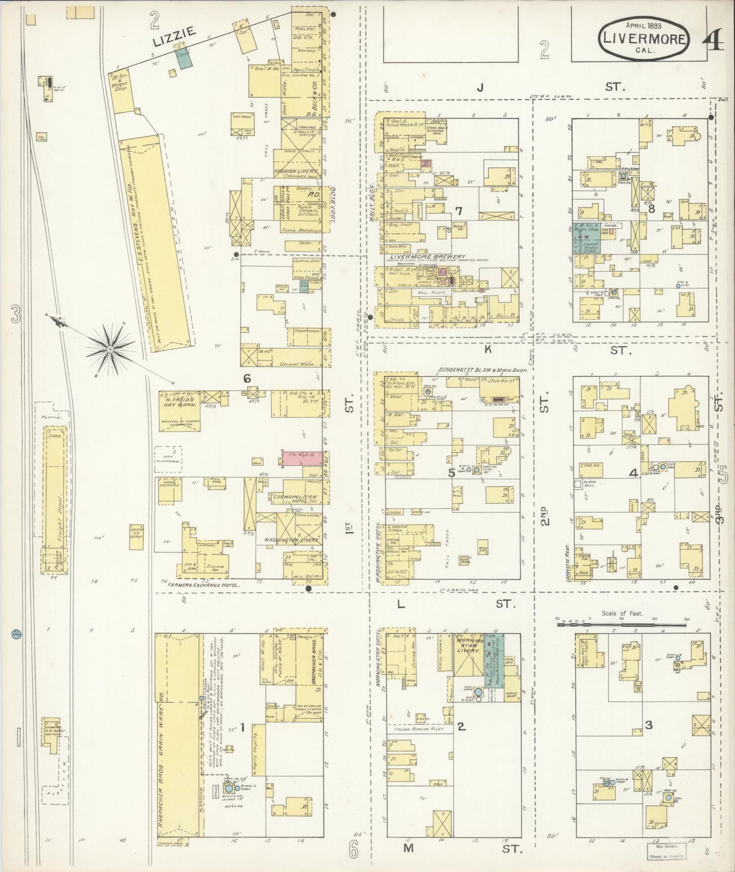 Sanborn Fire Insurance Map from Livermore, Alameda County, California (1893), Sheet #0004 - Historic Sanborn Fire Insurance Map Print, vintage old map wall art, antique decor, genealogy gift, California California map