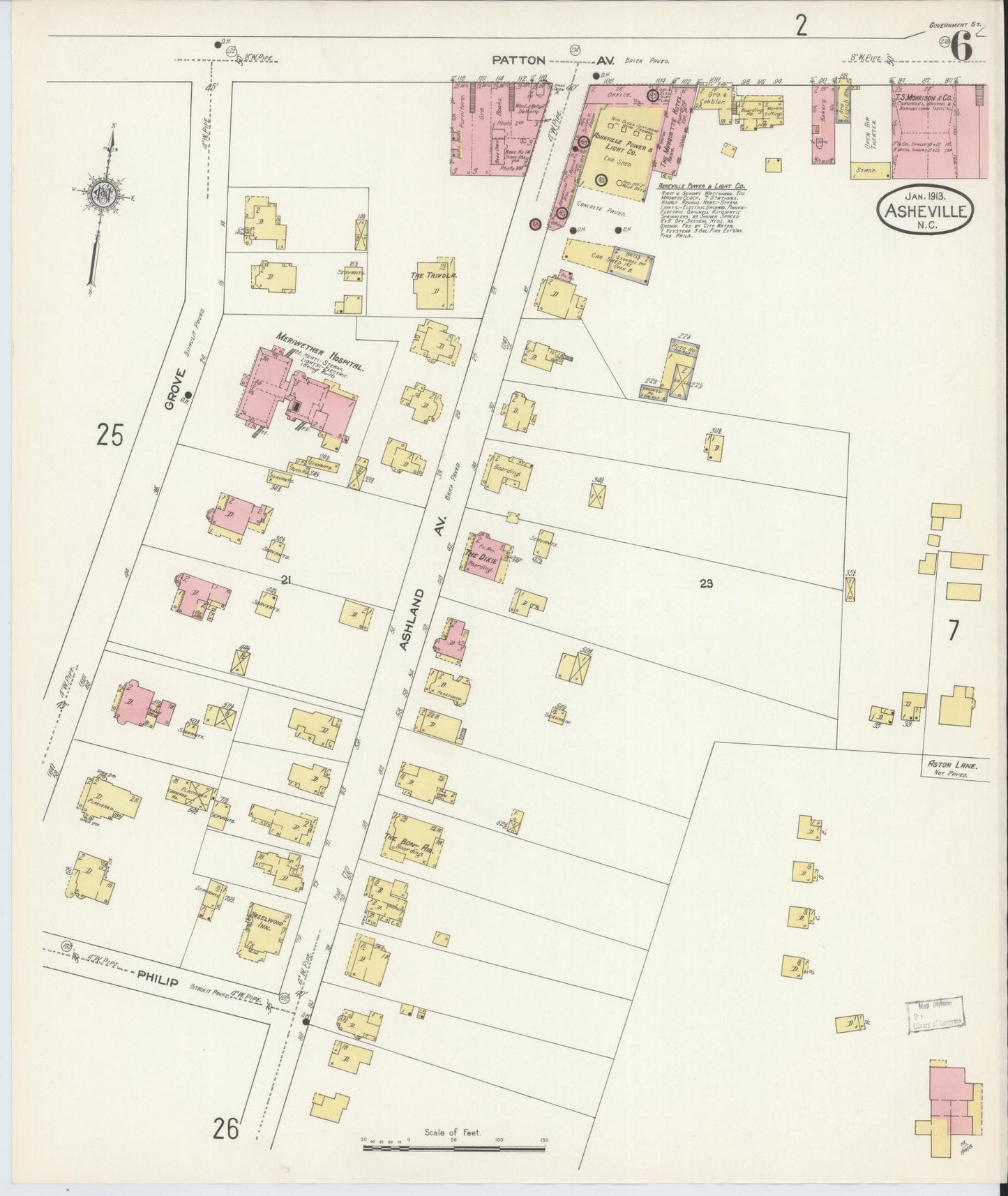 Sanborn Fire Insurance Map from Asheville, Buncombe County, North Carolina (1913), Sheet #0006 - Historic Sanborn Fire Insurance Map Print, vintage old map wall art, antique decor, genealogy gift, North Carolina North Carolina map
