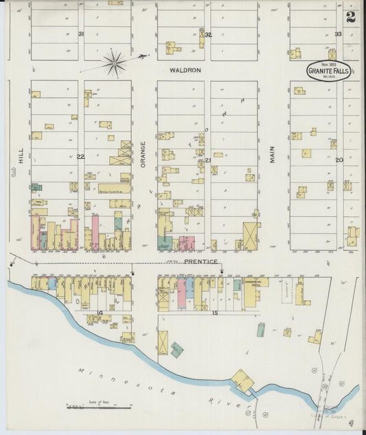 Sanborn Fire Insurance Map from Granite Falls, Yellow Medicine And Chippewa Counties, Minnesota (1893), Sheet #0002 - Historic Sanborn Fire Insurance Map Print, vintage old map wall art, antique decor, genealogy gift, Minnesota Minnesota map
