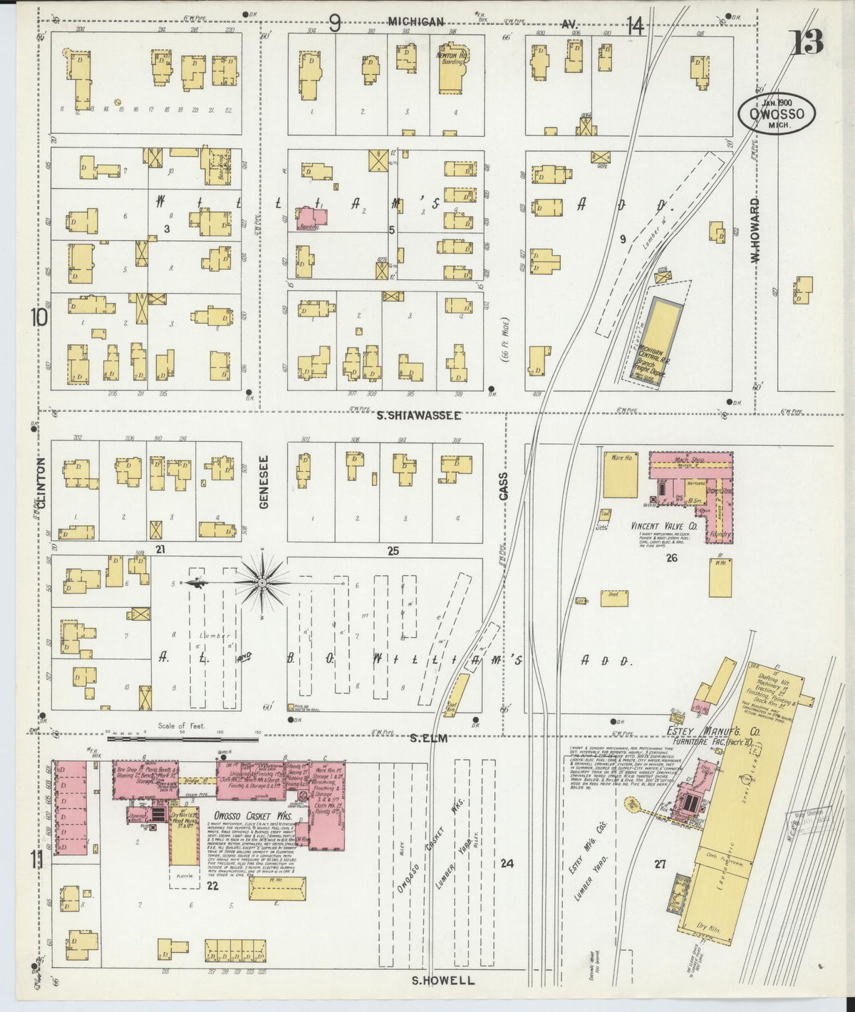 Sanborn Fire Insurance Map from Owosso, Shiawassee County, Michigan (1900), Sheet #0013 - Historic Sanborn Fire Insurance Map Print, vintage old map wall art, antique decor, genealogy gift, Michigan Michigan map
