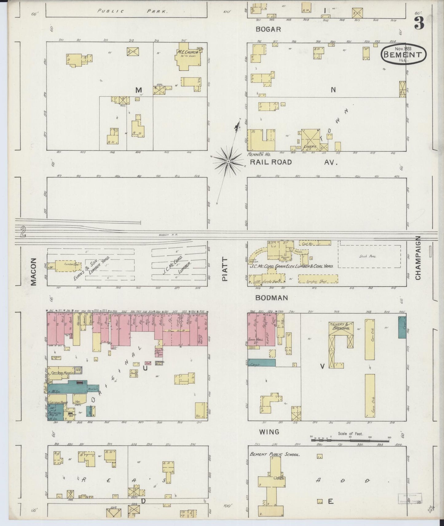 Sanborn Fire Insurance Map from Bement, Piatt County, Illinois (1893), Sheet #0003 - Complete Map Set gallery image, historic Sanborn map, vintage wall art, Illinois Illinois