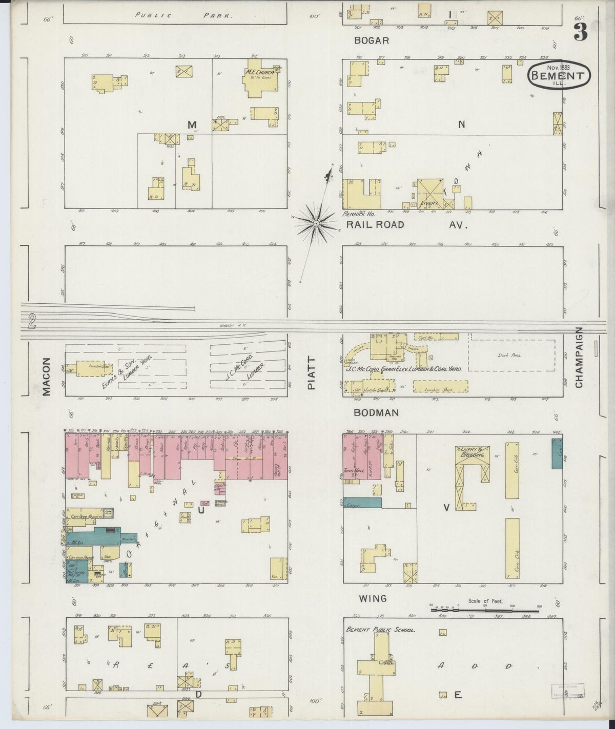 Sanborn Fire Insurance Map from Bement, Piatt County, Illinois (1893), Sheet #0003 - Complete Map Set gallery image, historic Sanborn map, vintage wall art, Illinois Illinois