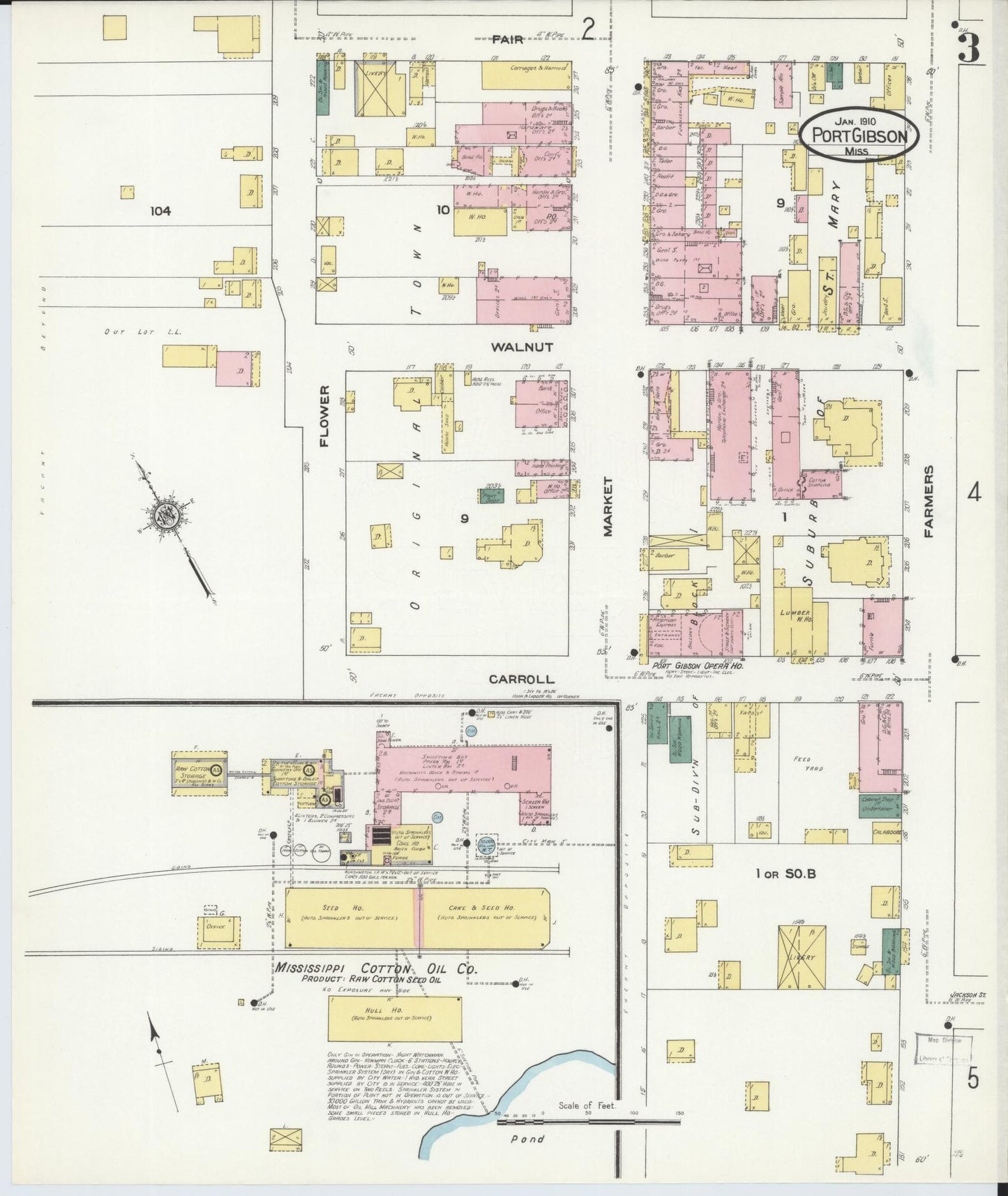 Sanborn Fire Insurance Map from Port Gibson, Claiborne County, Mississippi (1910), Sheet #0003 - Historic Sanborn Fire Insurance Map Print, vintage old map wall art, antique decor, genealogy gift, Mississippi Mississippi map