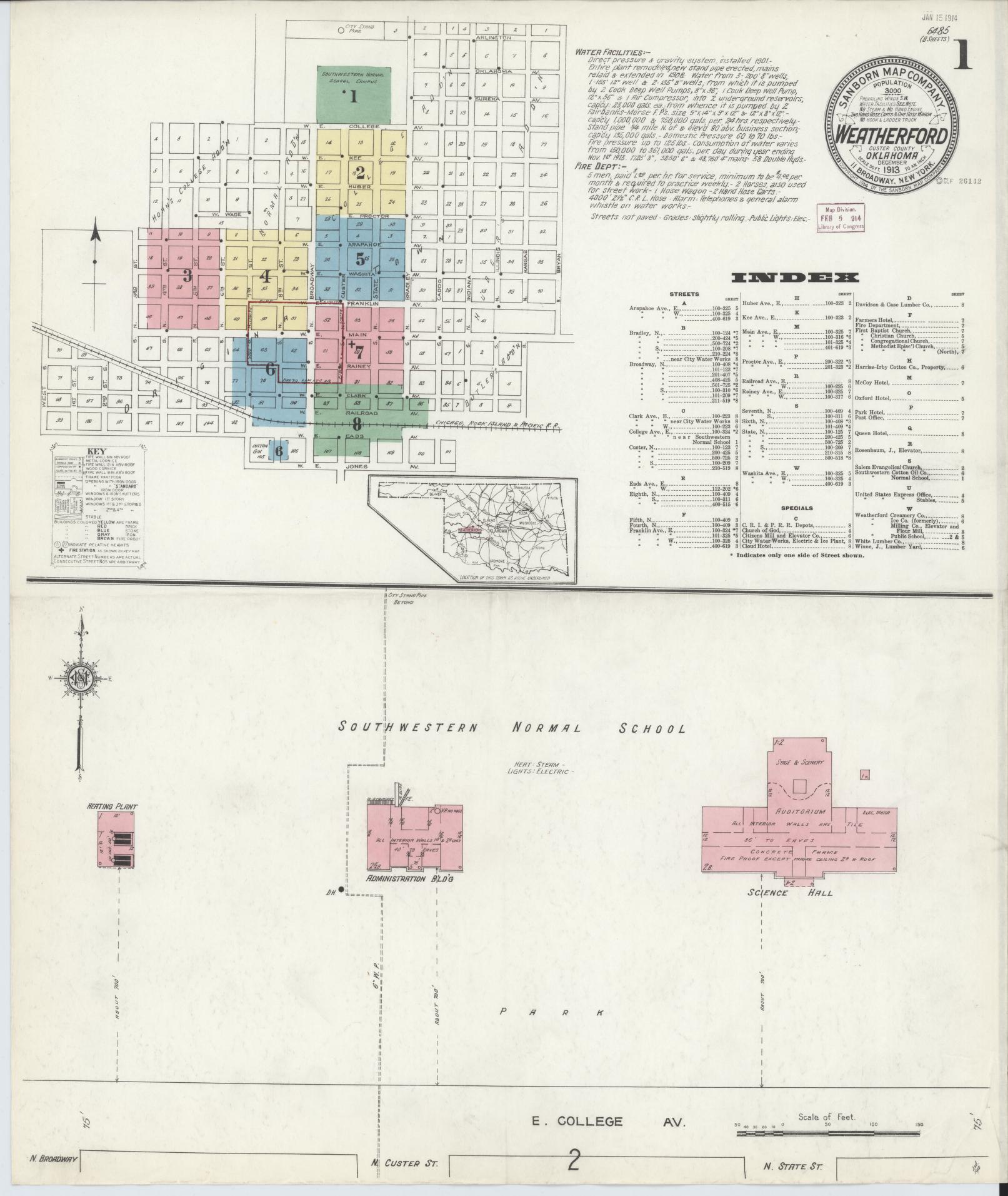 Sanborn Fire Insurance Map from Weatherford, Custer County, Oklahoma (1913), Sheet #0001 - Complete Map Set gallery image, historic Sanborn map, vintage wall art, Oklahoma Oklahoma