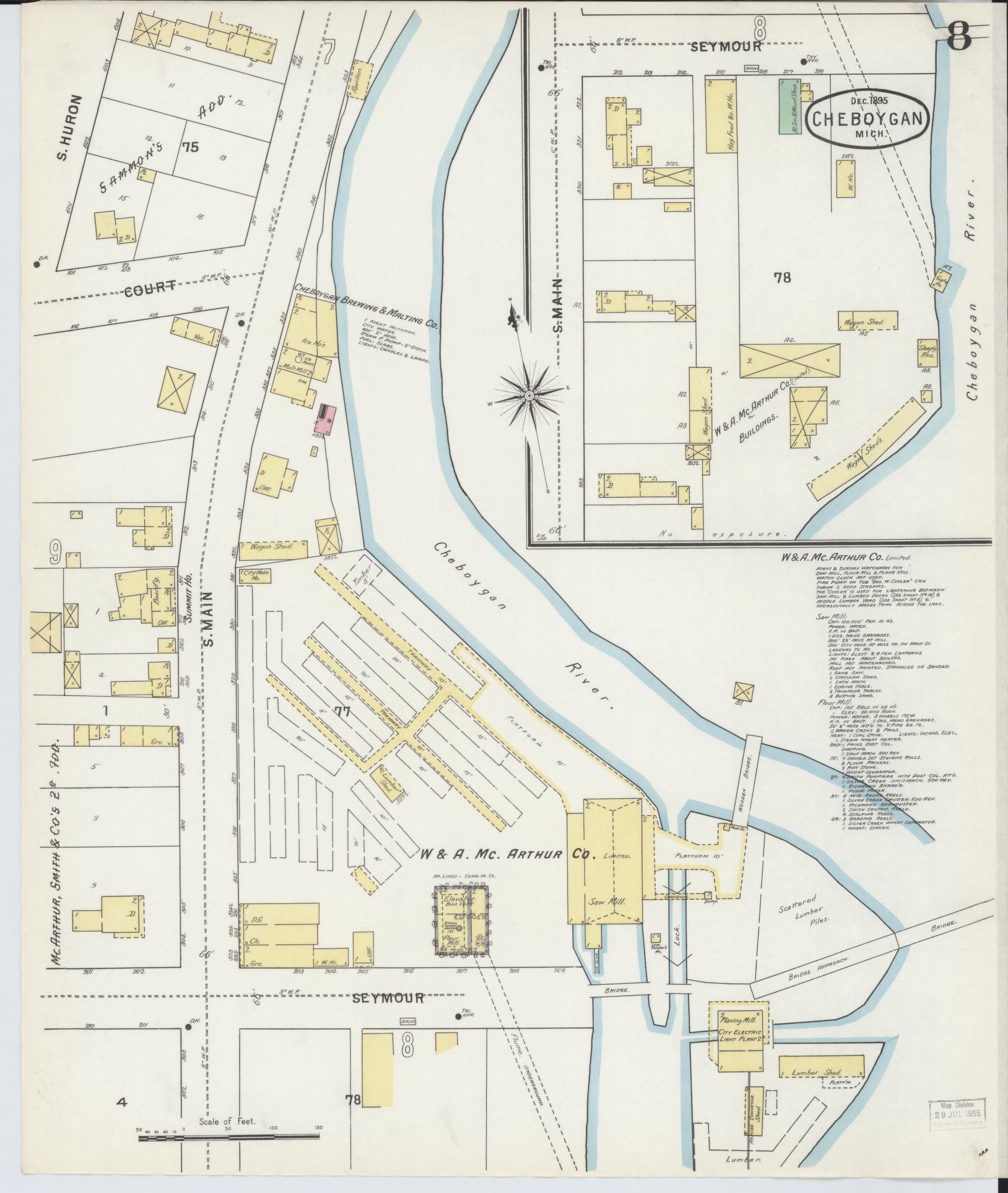 Sanborn Fire Insurance Map from Cheboygan, Cheboygan County, Michigan (1895), Sheet #0008 - Historic Sanborn Fire Insurance Map Print, vintage old map wall art, antique decor, genealogy gift, Michigan Michigan map
