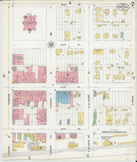 Sanborn Fire Insurance Map from Hastings, Adams County, Nebraska (1899), Sheet #0007 - Historic Sanborn Fire Insurance Map Print, vintage old map wall art, antique decor, genealogy gift, Nebraska Nebraska map