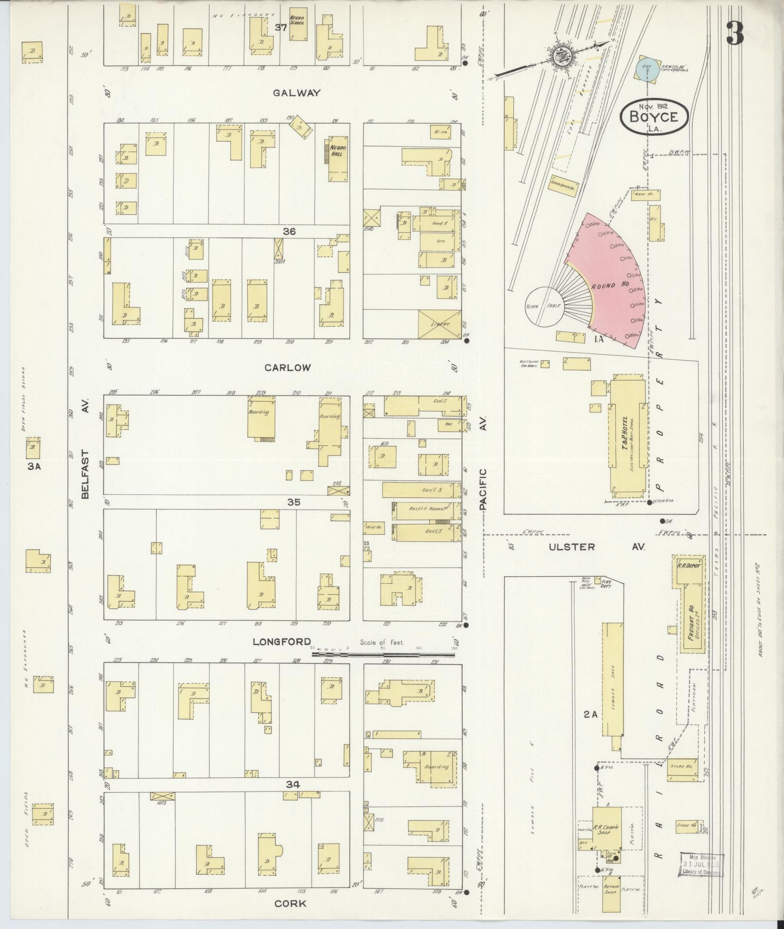Sanborn Fire Insurance Map from Boyce, Rapides Parish, Louisiana (1912), Sheet #0003 - Historic Sanborn Fire Insurance Map Print, vintage old map wall art, antique decor, genealogy gift, Louisiana Louisiana map