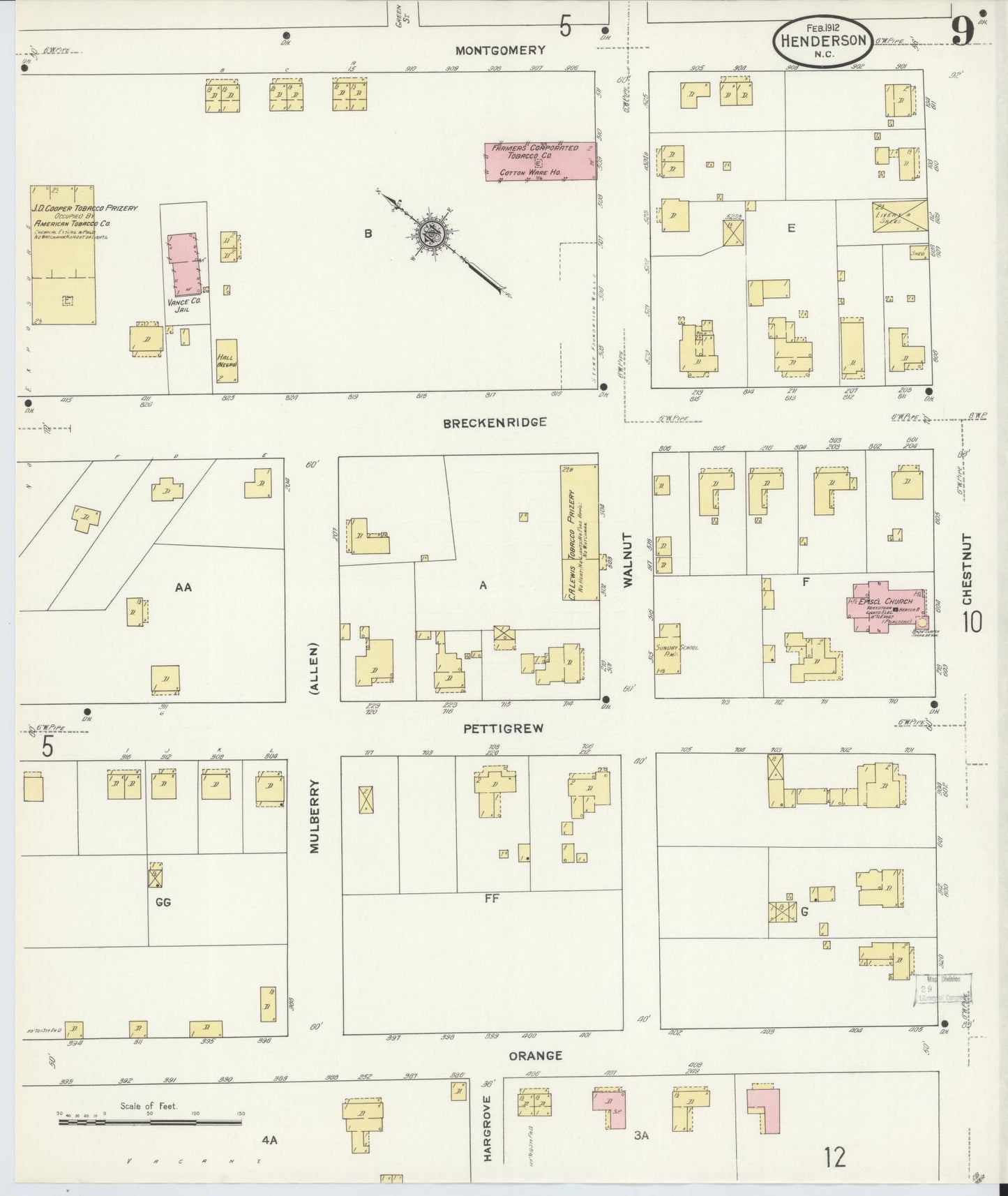 Sanborn Fire Insurance Map from Henderson, Vance County, North Carolina (1912), Sheet #0009 - Complete Map Set gallery image, historic Sanborn map, vintage wall art, North Carolina North Carolina