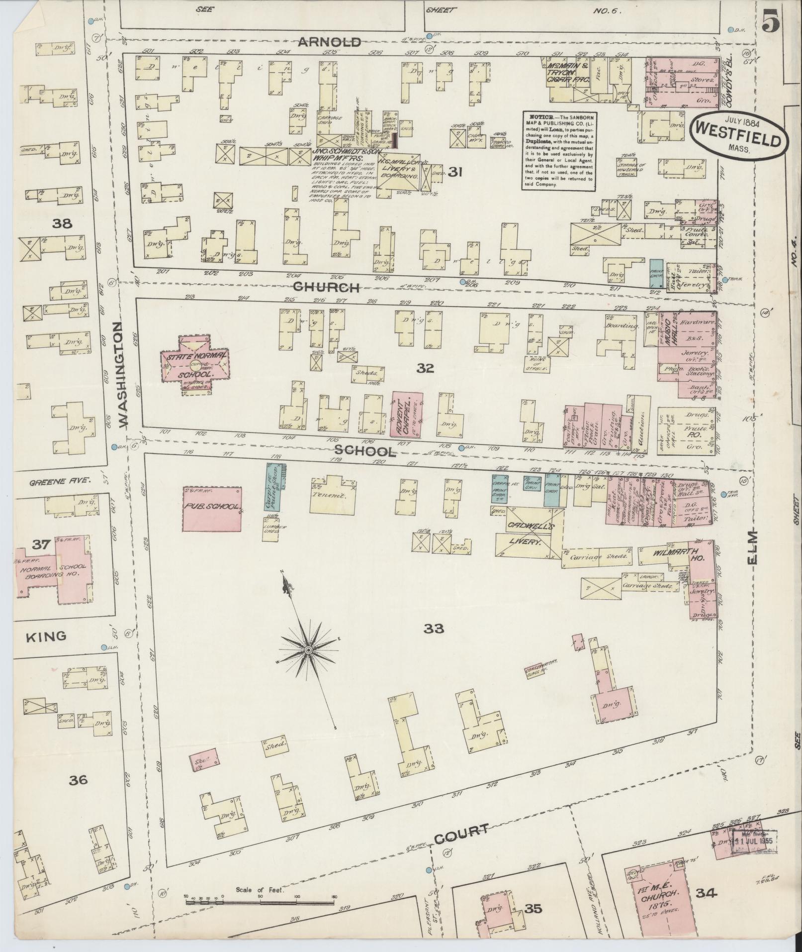 Sanborn Fire Insurance Map from Westfield, Hampden County, Massachusetts (1884), Sheet #0005 - Historic Sanborn Fire Insurance Map Print, vintage old map wall art, antique decor, genealogy gift, Massachusetts Massachusetts map