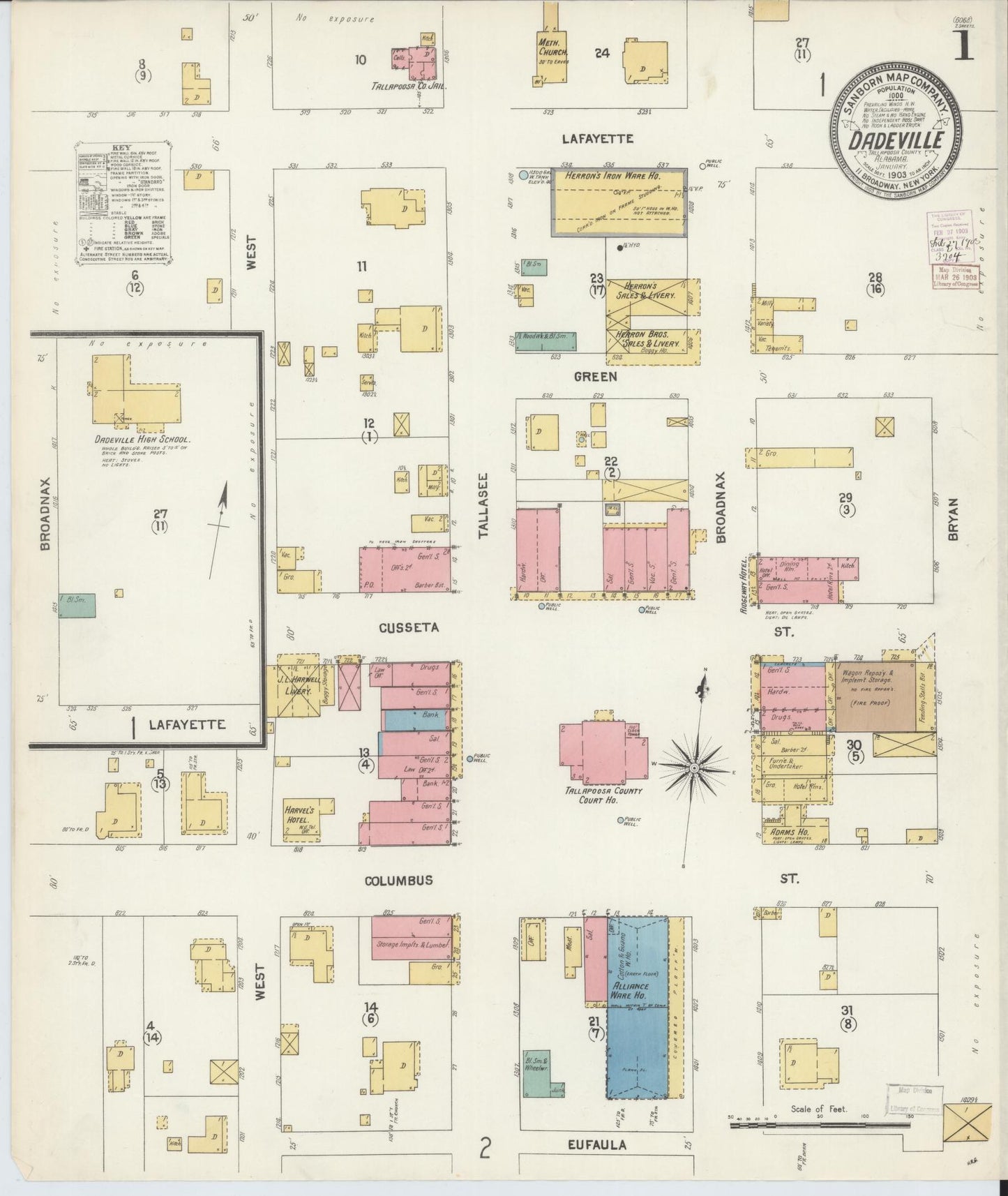 Sanborn Fire Insurance Map from Dadeville, Tallapoosa County, Alabama (1903), Sheet #0001 - Complete Map Set gallery image, historic Sanborn map, vintage wall art, Alabama Alabama