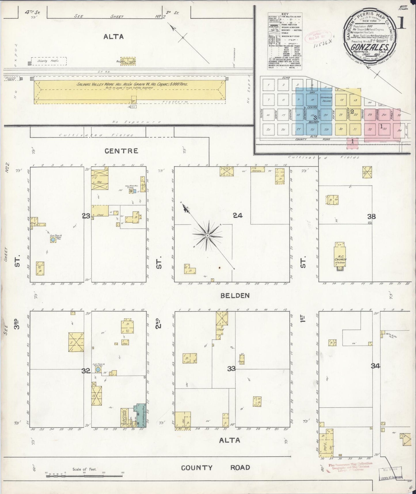Sanborn Fire Insurance Map from Gonzales, Monterey County, California (1892), Sheet #0001 - Historic Sanborn Fire Insurance Map Print, vintage old map wall art, antique decor, genealogy gift, California California map