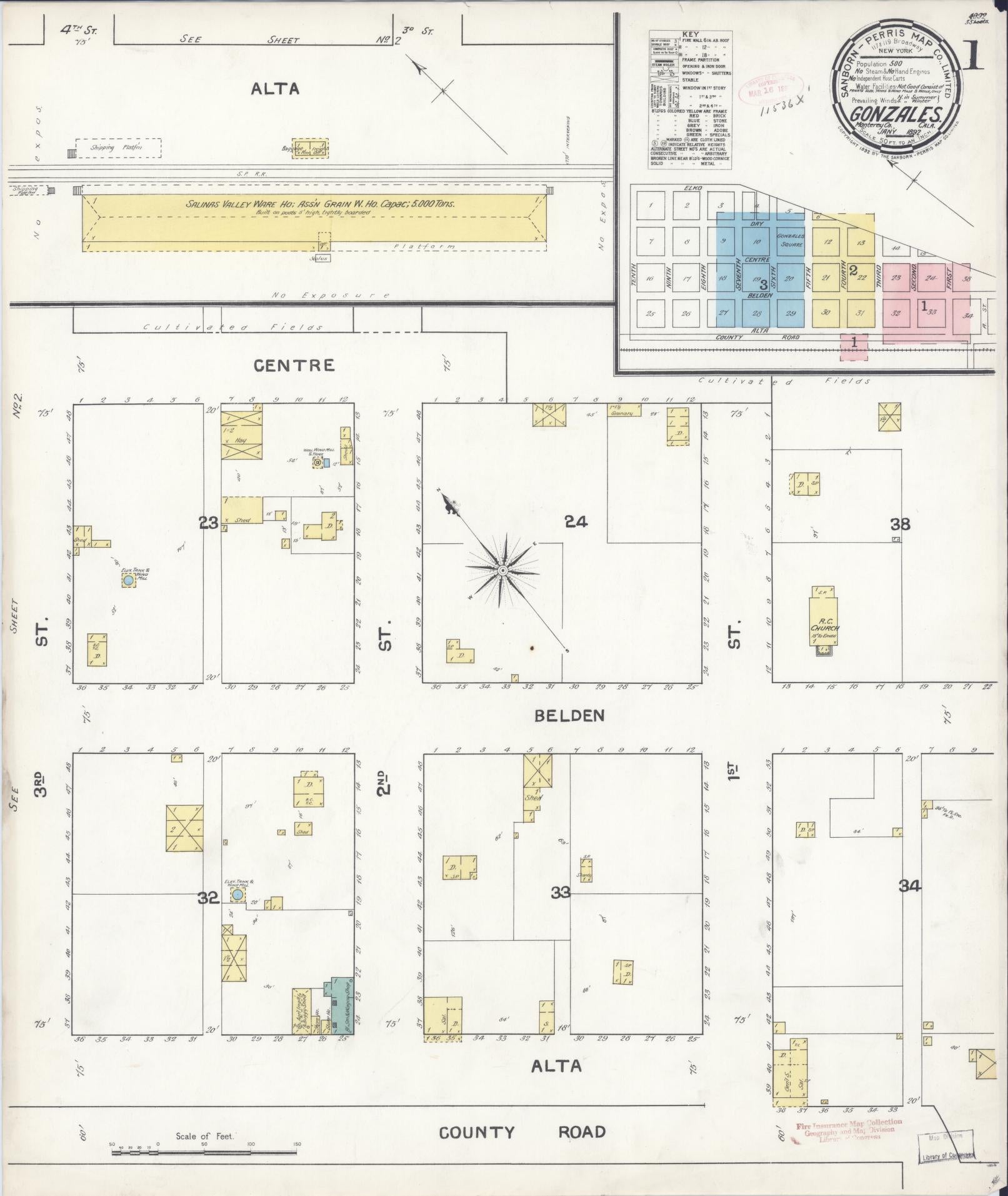 Sanborn Fire Insurance Map from Gonzales, Monterey County, California (1892), Sheet #0001 - Historic Sanborn Fire Insurance Map Print, vintage old map wall art, antique decor, genealogy gift, California California map